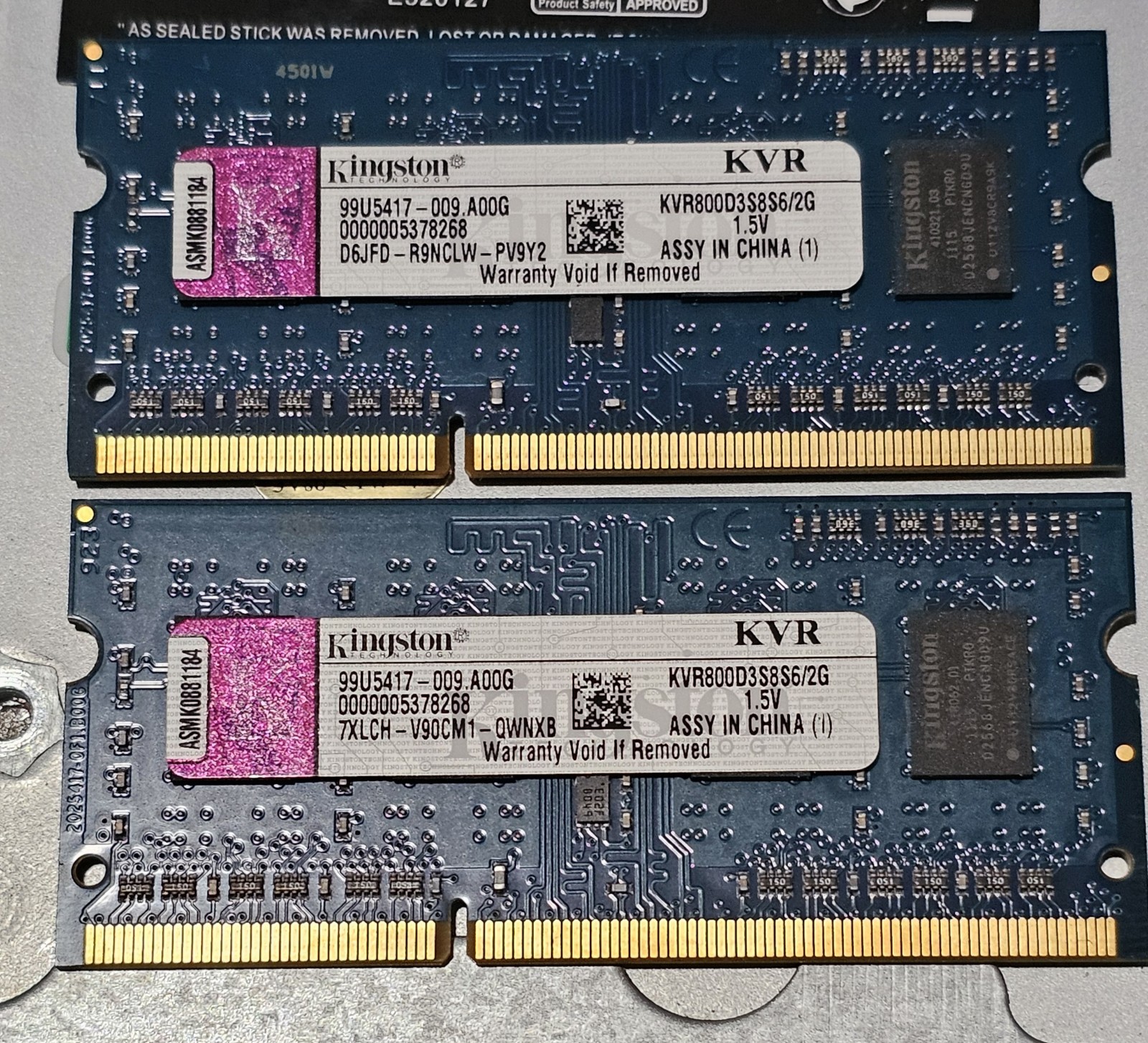 2 Kingston ValueRAM 2GB DDR3 SO-DIMM 800MHz PC3-6400s