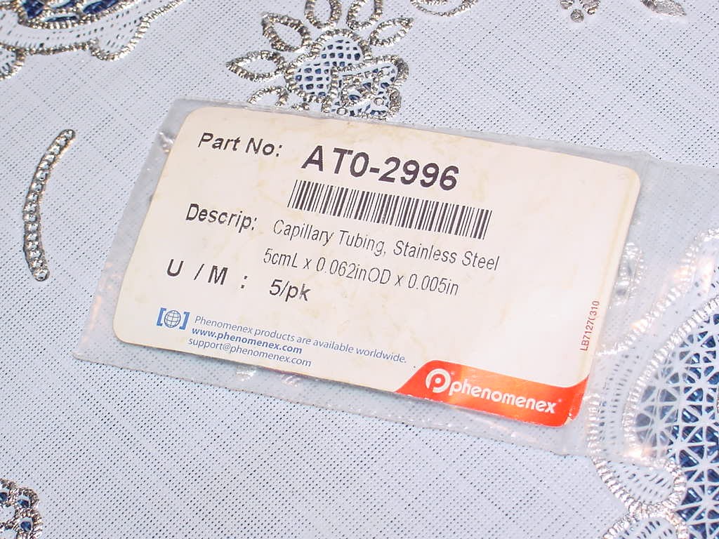 Phenomenex AT0-2996 Capillary Tubing, S/S, 5cmL X 0.062inOD X 0.005, 5 Pack NEW!