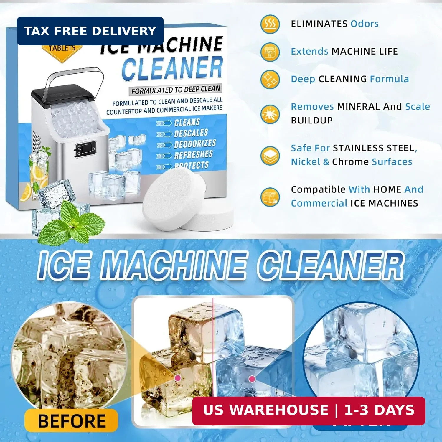 Bellisinno Ice Machine Cleaner Tablets, 36 Pack Countertop Ice Maker Cleaner, Ni