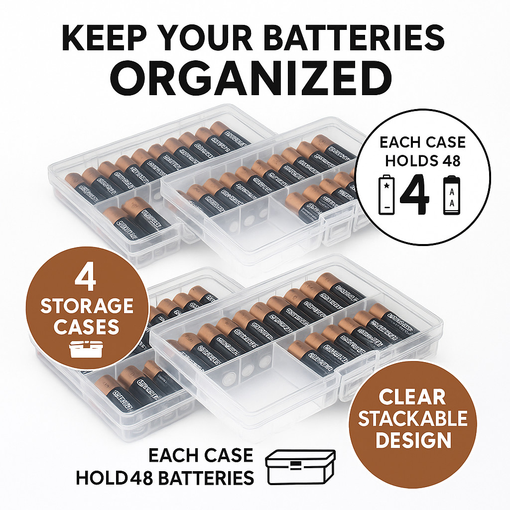 Battery Storage Organizer Box Set of 4 Holds 48 AA AAA Clear Durable Locking