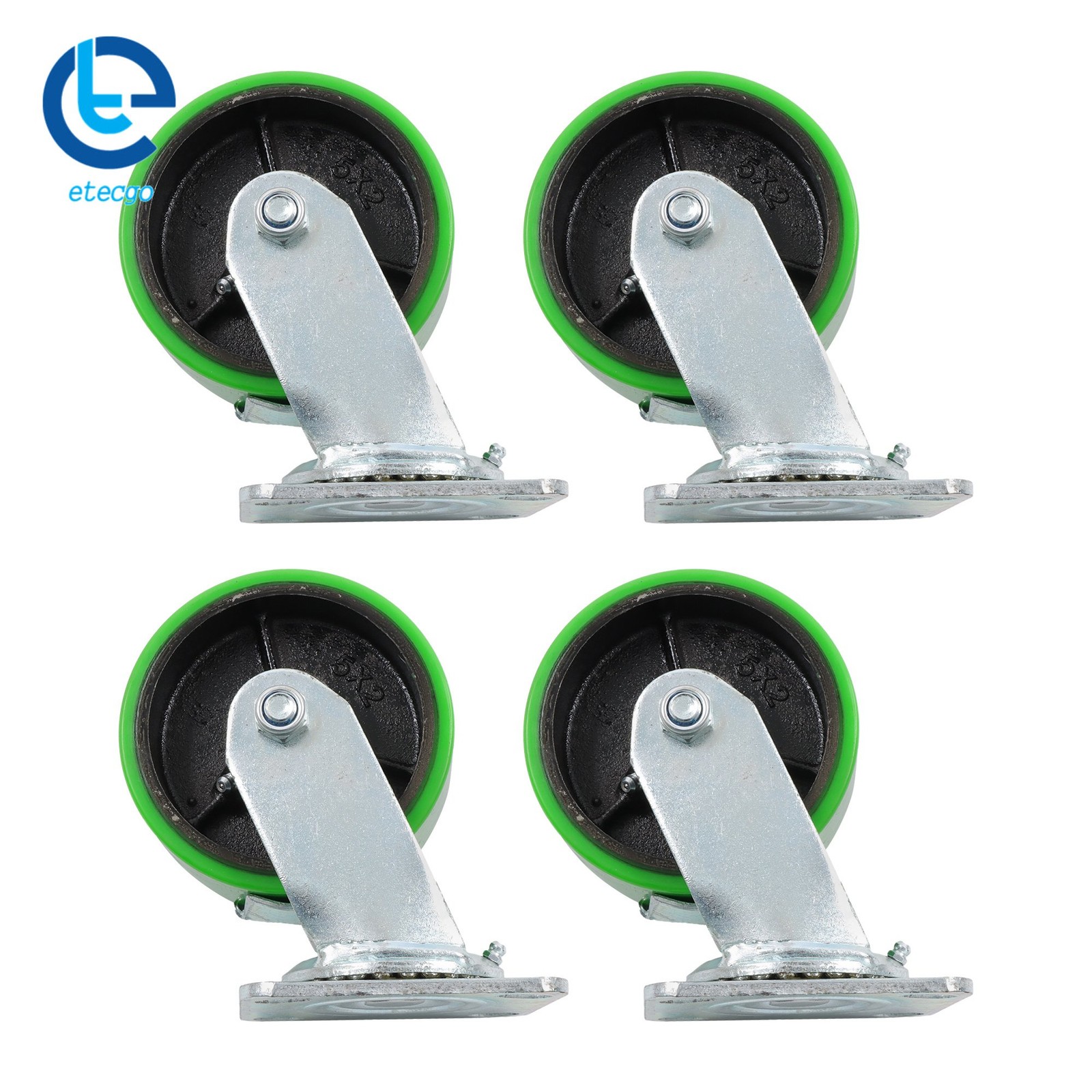 4 Pack 5 Inch Swivel Caster Wheels Green With Side Brakes Load Capacity 4000Lbs