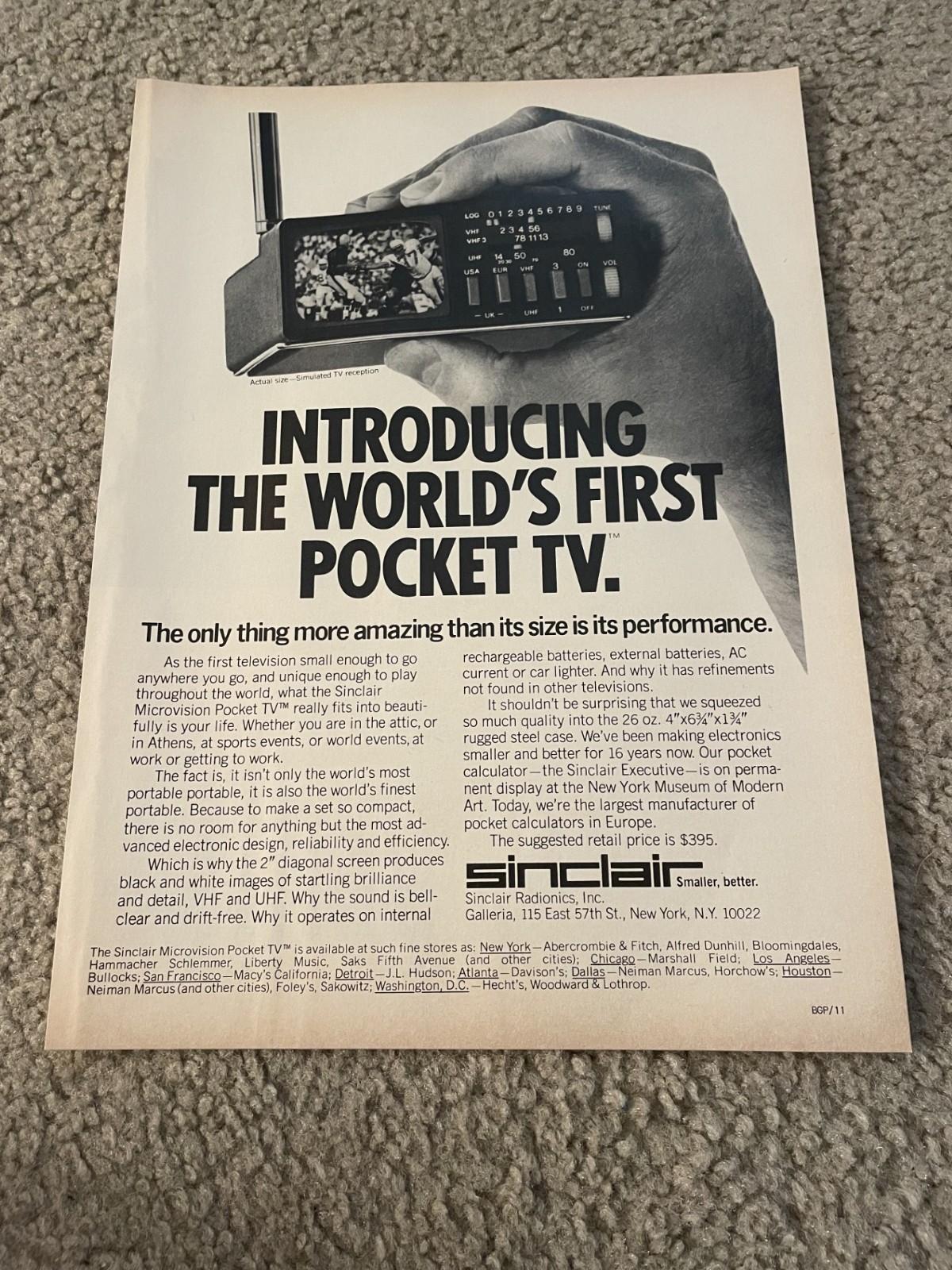 Vintage 1977 SINCLAIR PORTABLE TELEVISION PRINT AD 1970s "WORLD'S 1ST POCKET TV"