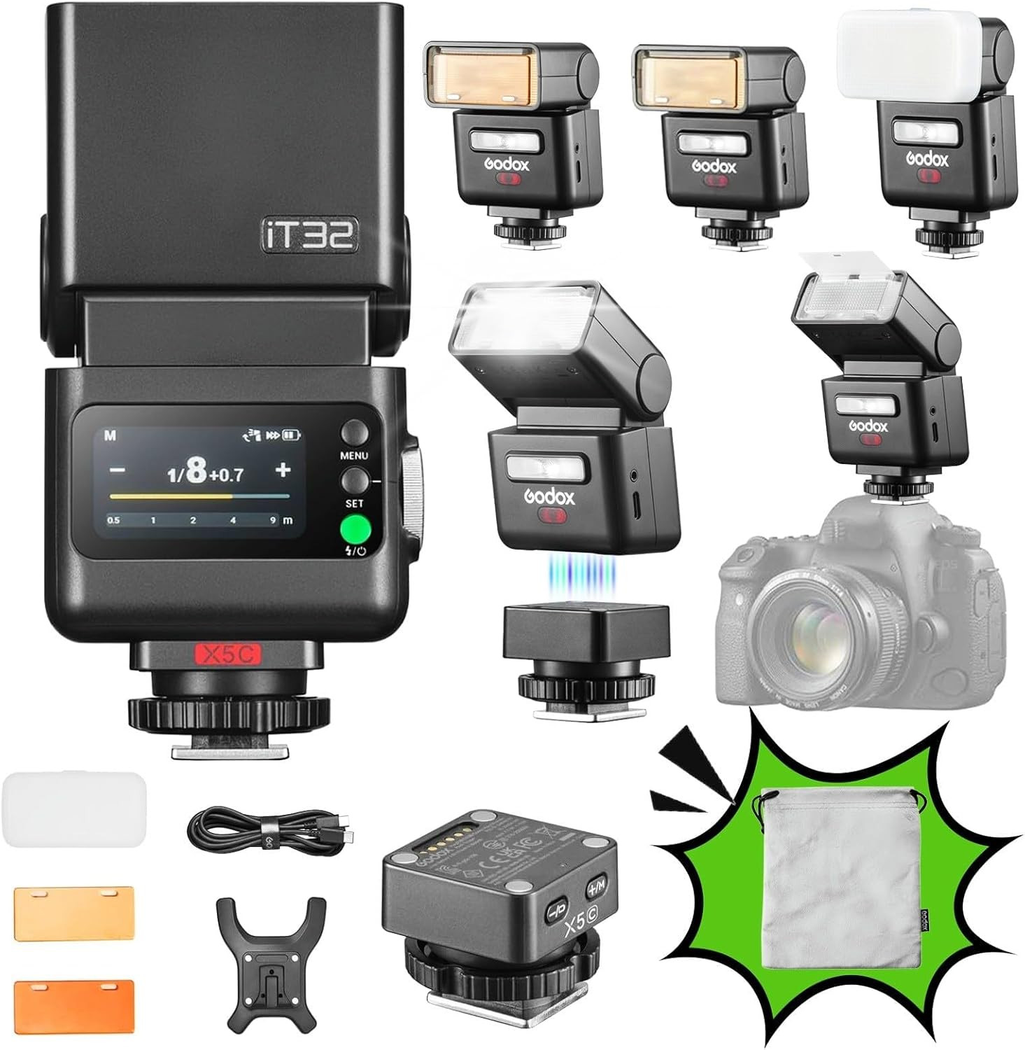 It32 TTL Camera Flash for Canon with X5C Wireless Flash Trigger, Compatible with