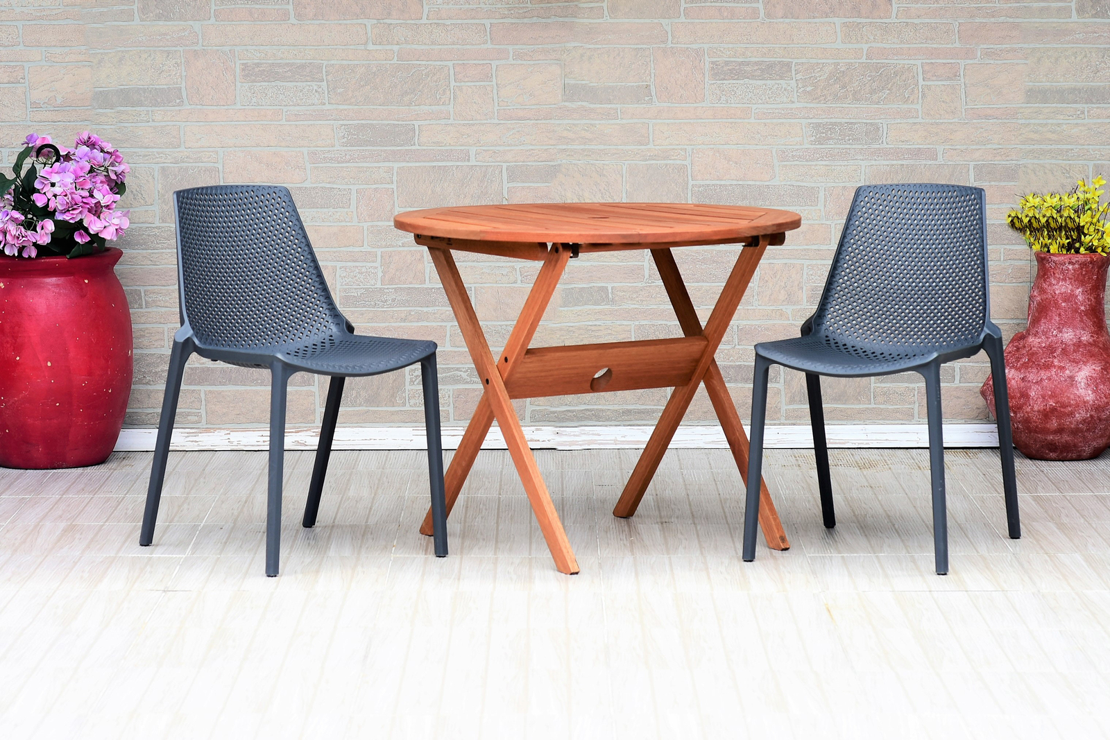 Amazonia Blomard 3-Piece Outdoor Dining Set | Eucalyptus | Grey Chairs