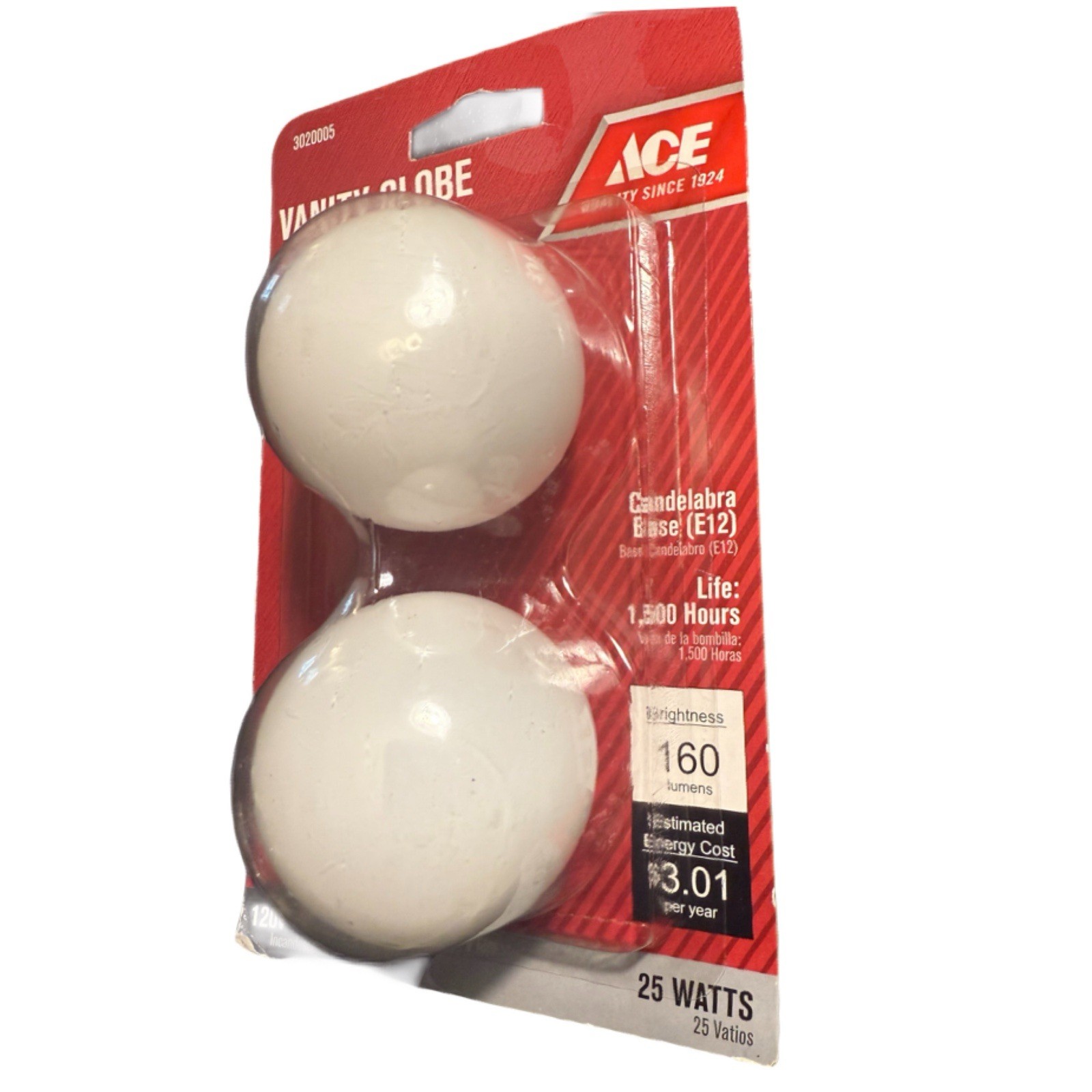 Ace 3020005 Vanity Globe Bulbs 25W Frosted 2 Pack