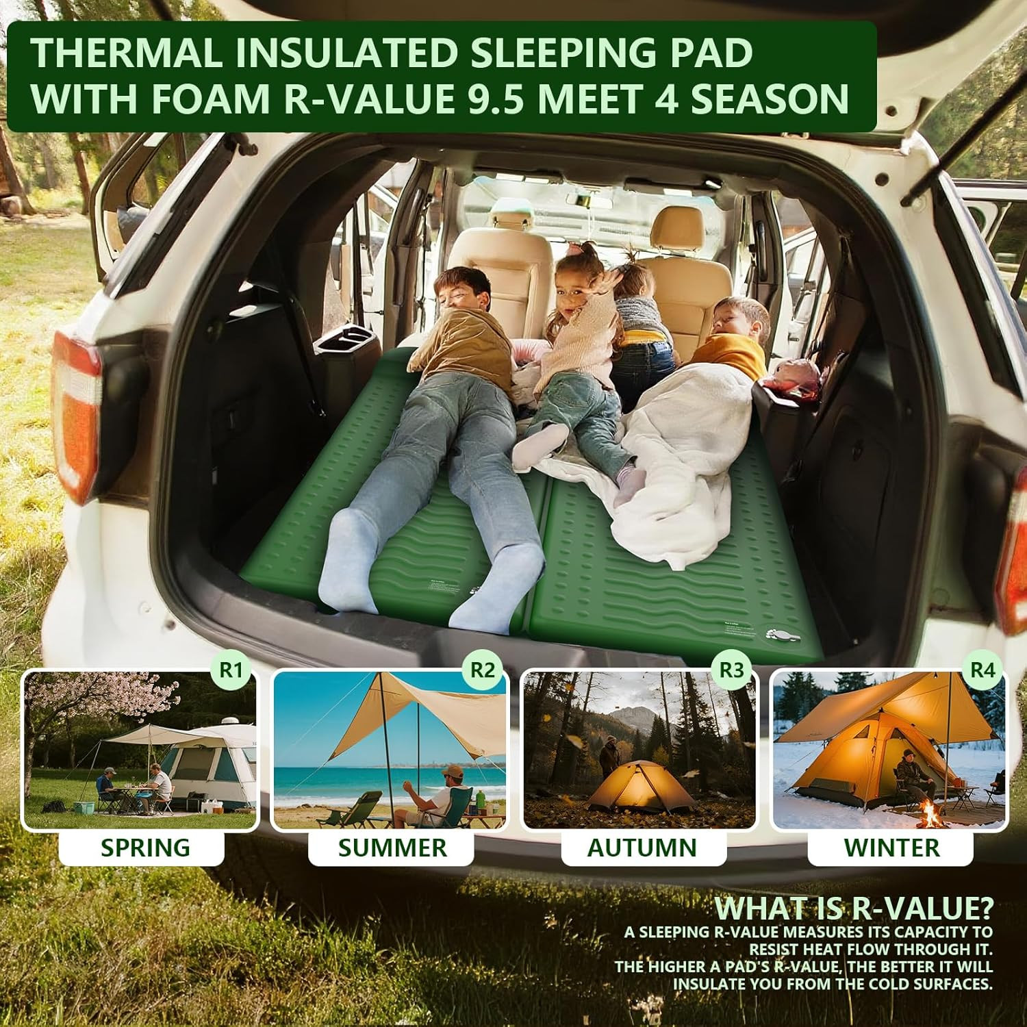 Memory Sleeping Pad, Compact Thick Foam Sleeping Mats with Pillow, 9.5 R-Value I