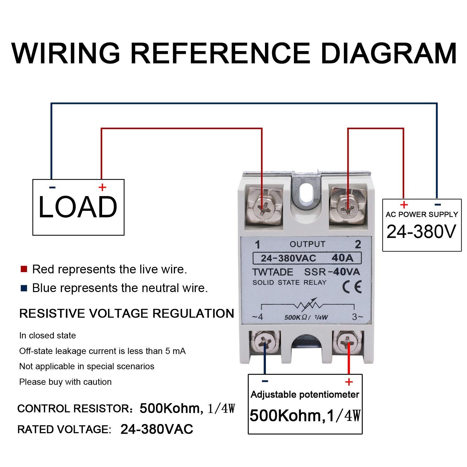 TWTADE SSR-40VA 500K ohm 1/4W to 24-380VAC 40A Single Phase Solid State Relay...