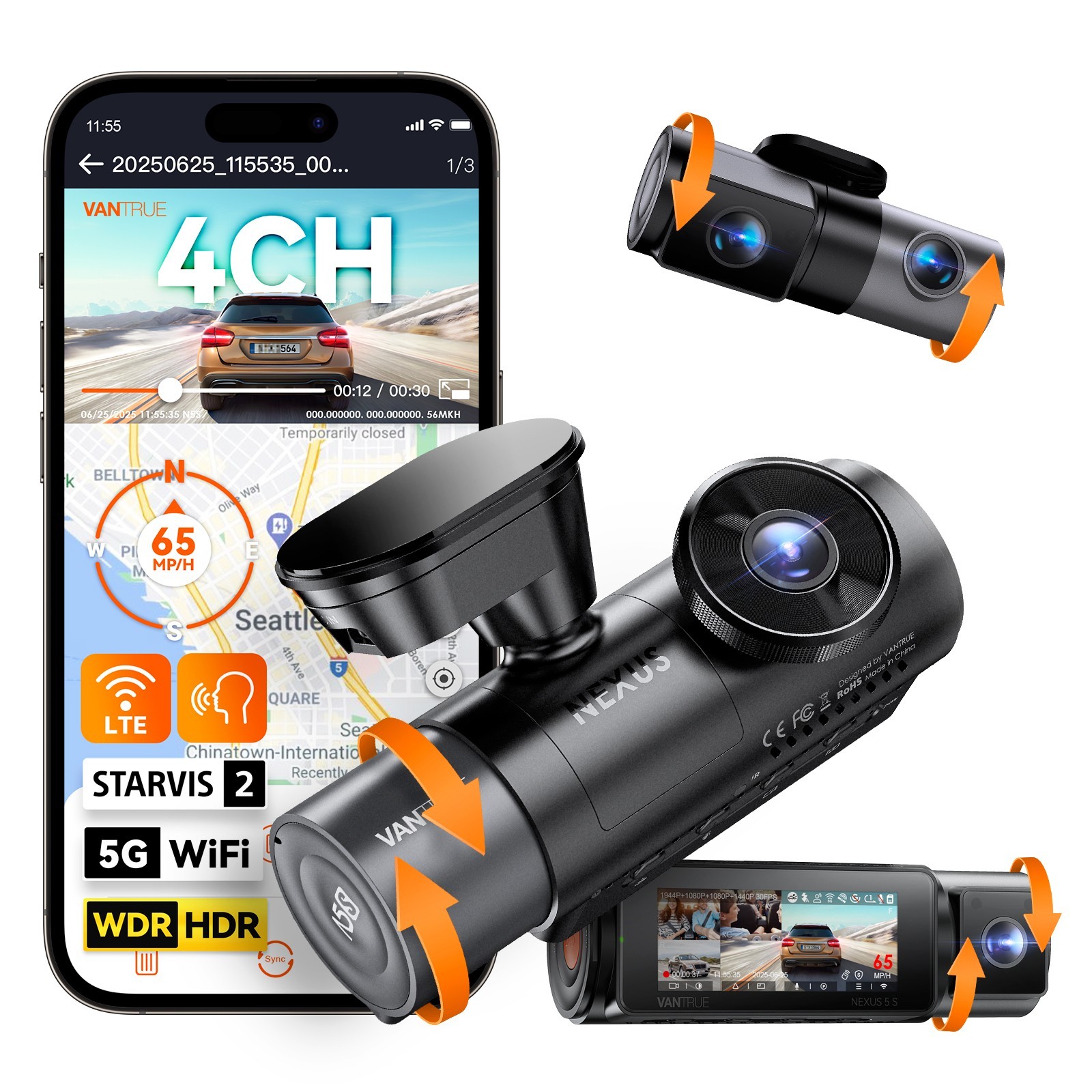Vantrue N5S 4 Channel Dash Cam 360° Front Rear Inside Camera 5G WiFi GPS For Car
