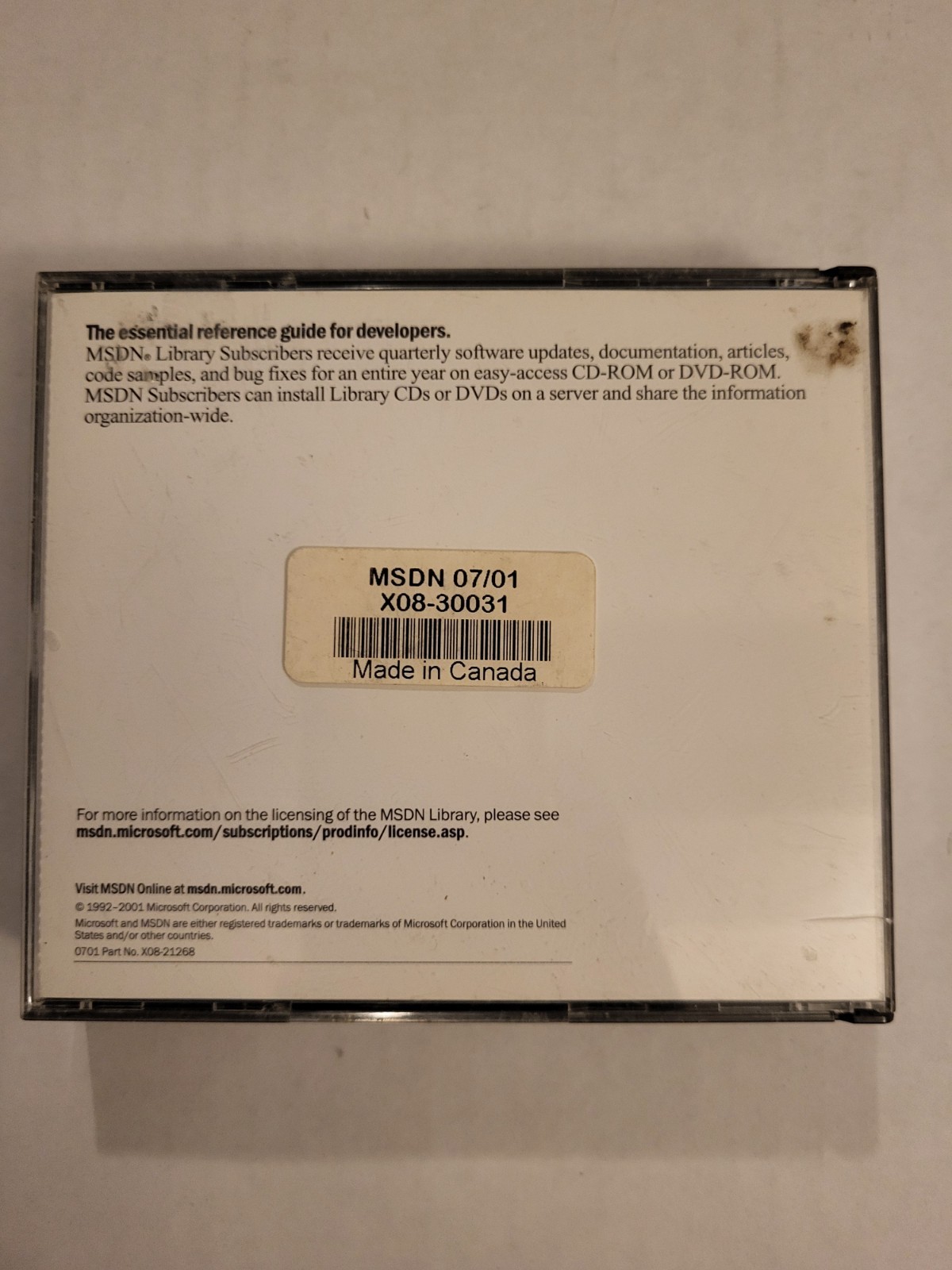 MSDN Subscriptions Library July 2001 Microsoft CD ROM