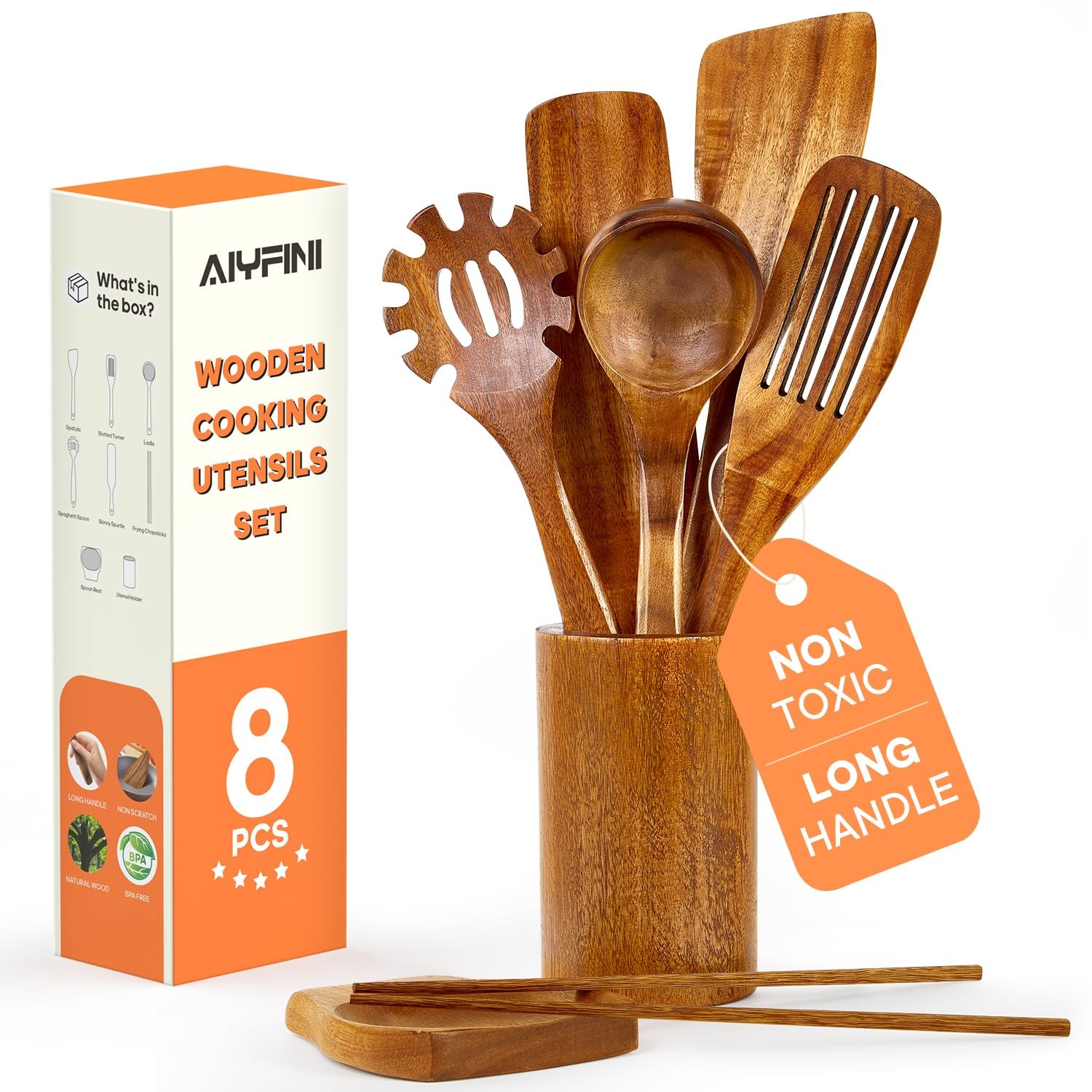 Non-Toxic Wooden Kitchen Utensils Set, 15.4" Long Handle Wood Spatula for Coo...