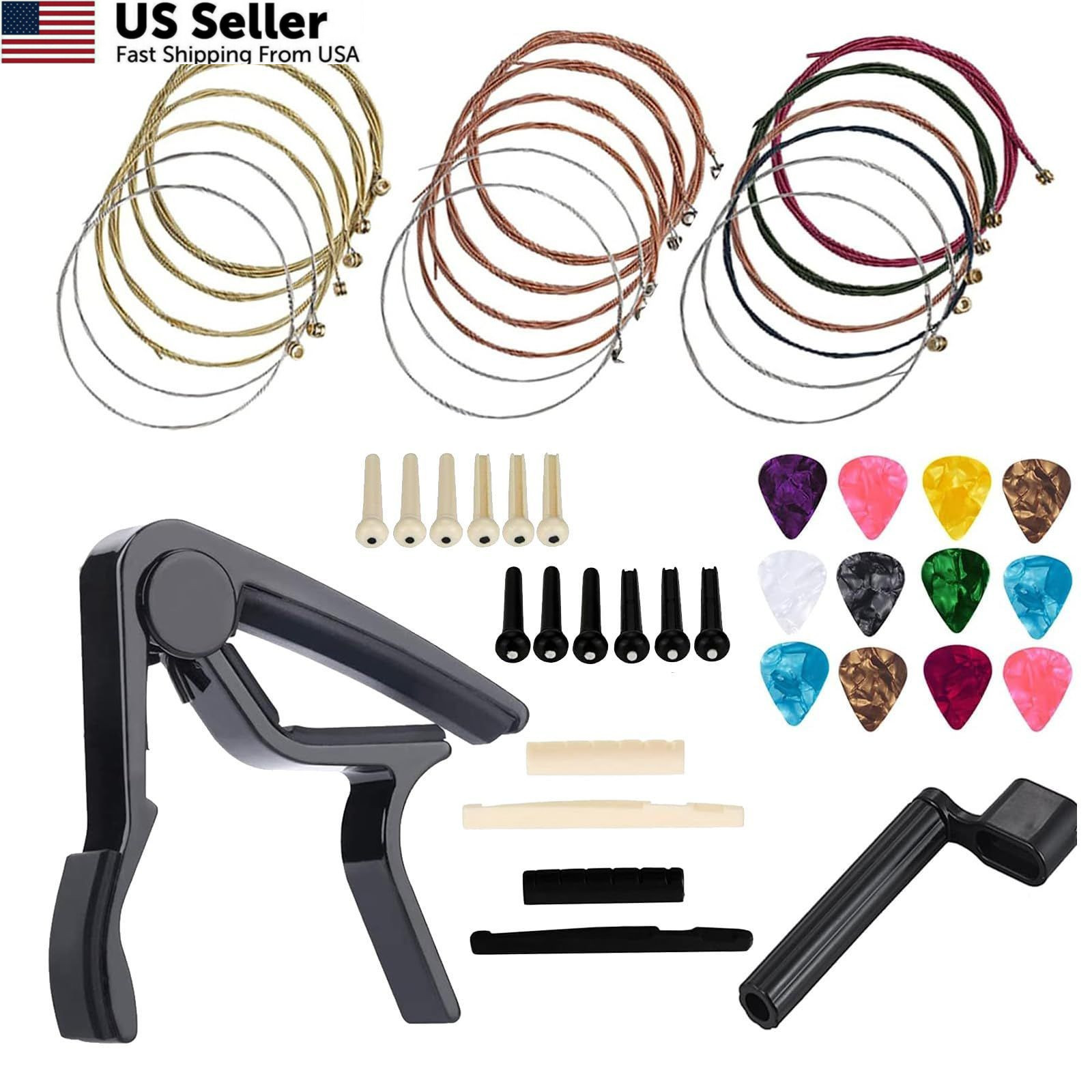 48pc Acoustic Guitar Accessories Kit Strings Picks Capo Tools FROM USA