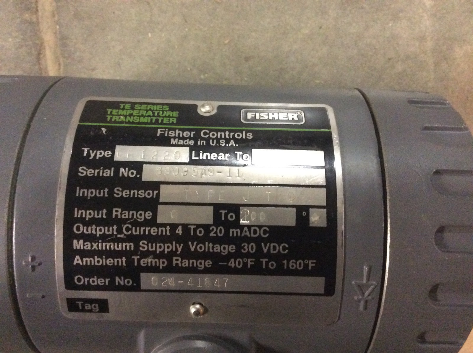 Fisher Controls Type TE1220 Temperature Transmitter Input Sensor Type J T/0