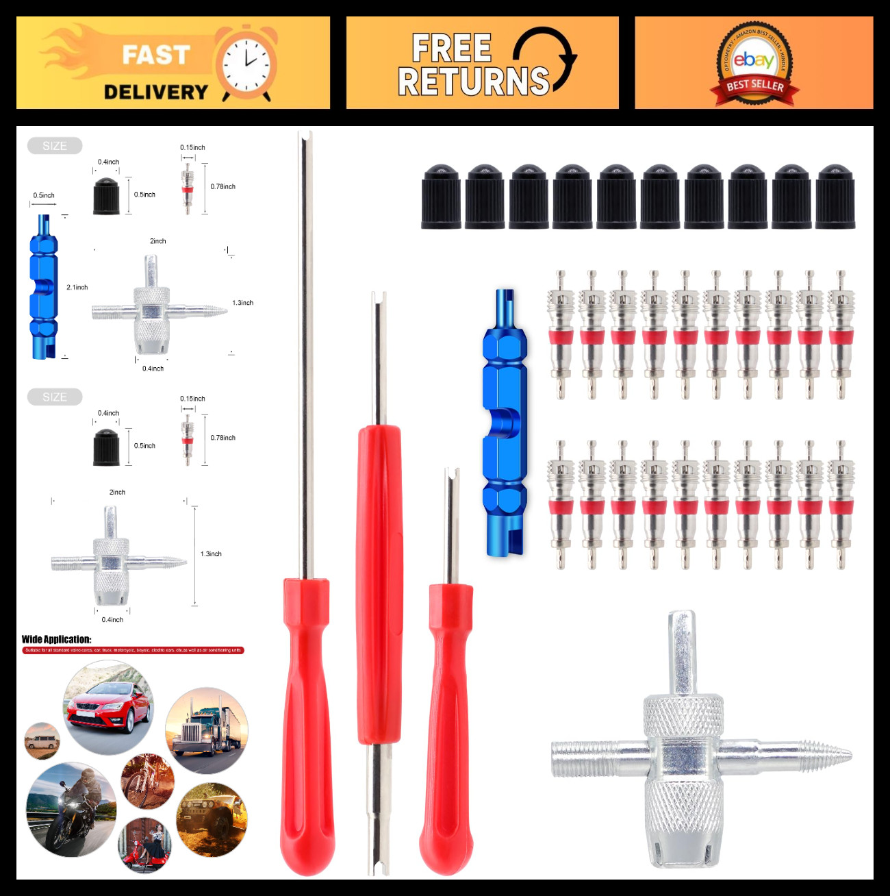 20Pcs Valve Cores, 10Pcs Tire Valve Caps & 4-Way Removal Tool Set - 35 PCS