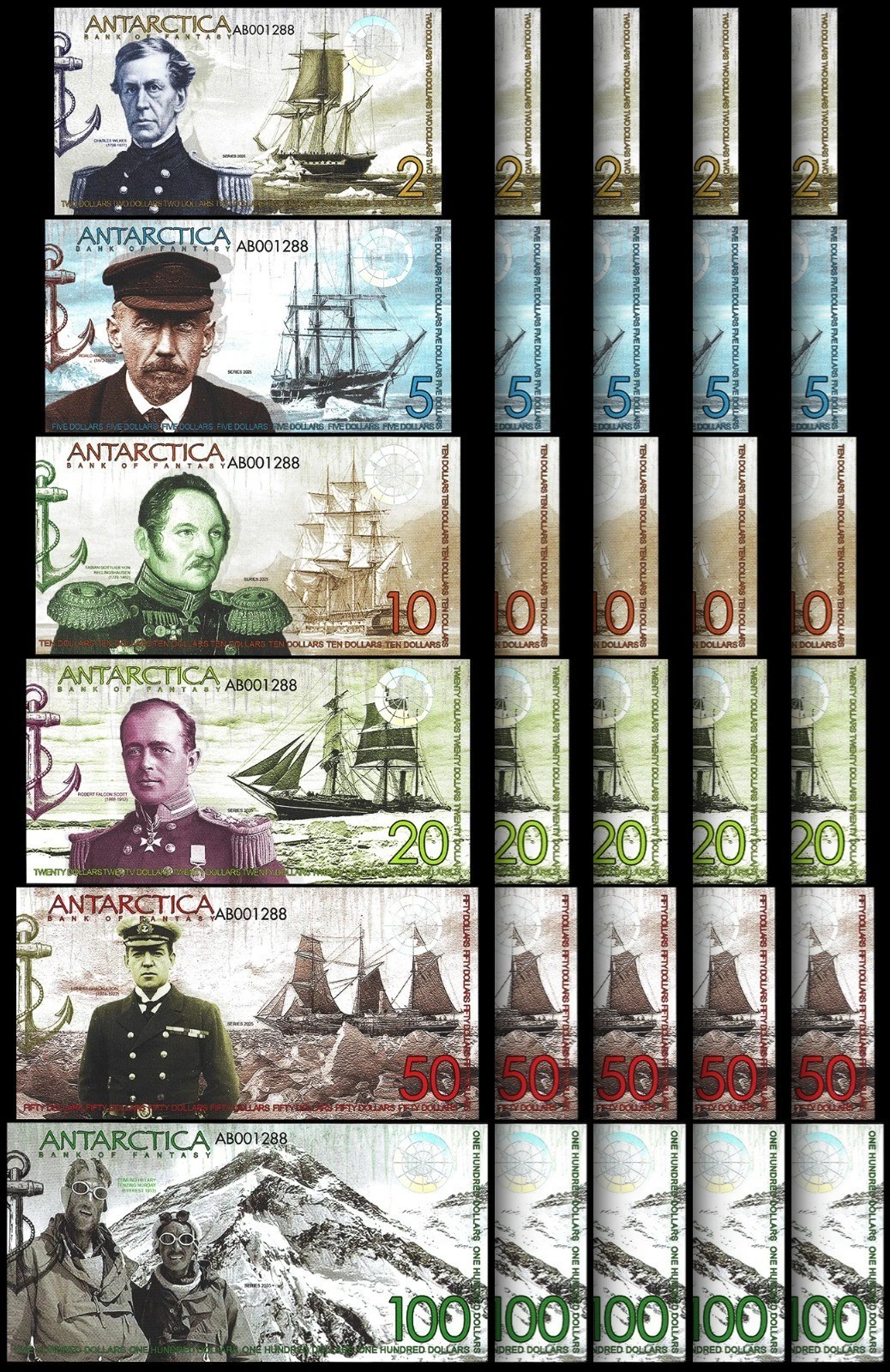 Antarctica 5 (x) 6 Pcs Set, 2 5 10 20 50 100 Dollars 2025 UNC, Matching,(30 Pcs)