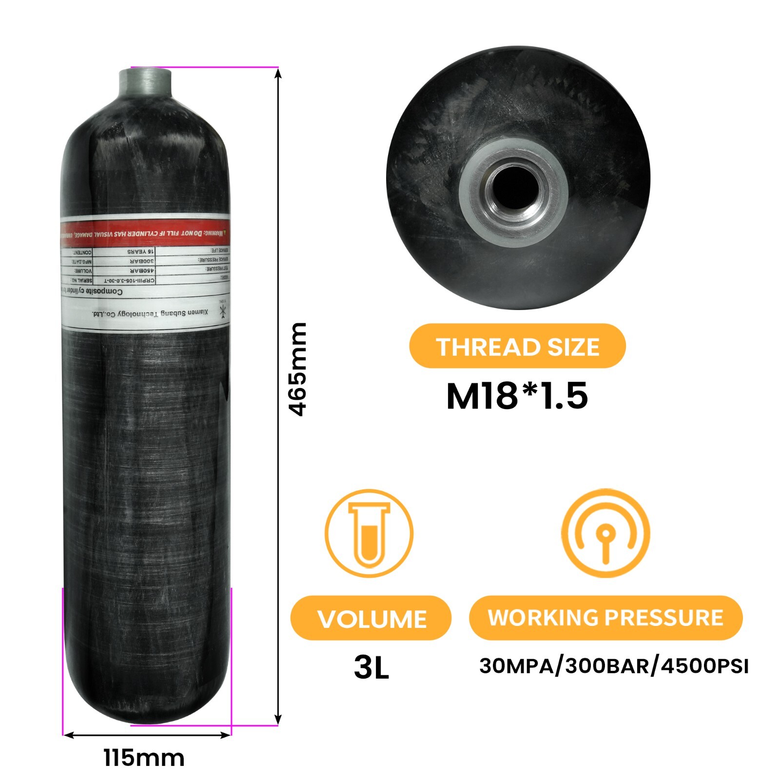 TUXING 4500Psi PCP Air Carbon Fiber Tank 3L Cylinder Scuba Tank Diving Tank