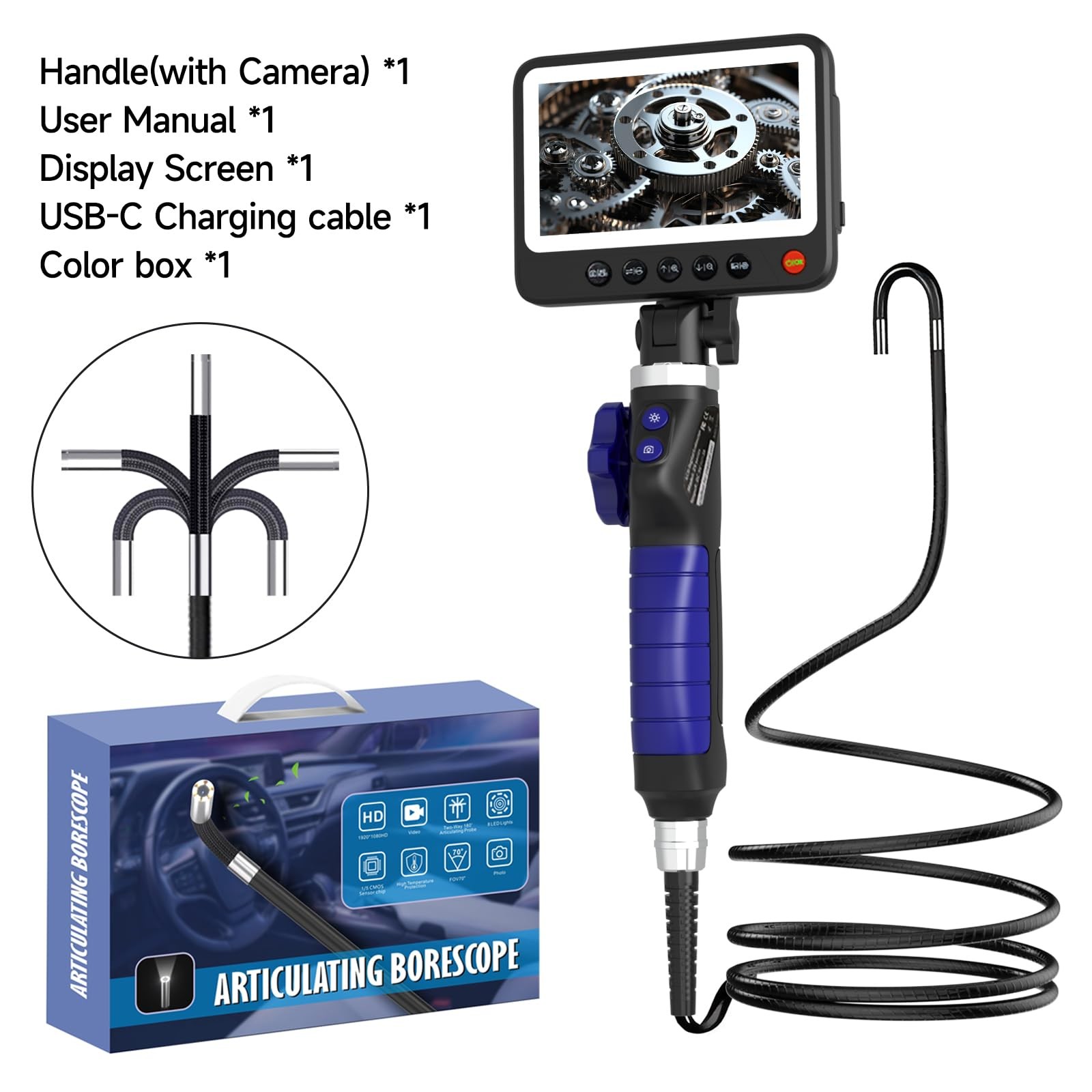 -Way Articulating Endoscope with Light, Industrial Endoscopic with 5" IPS Scr...
