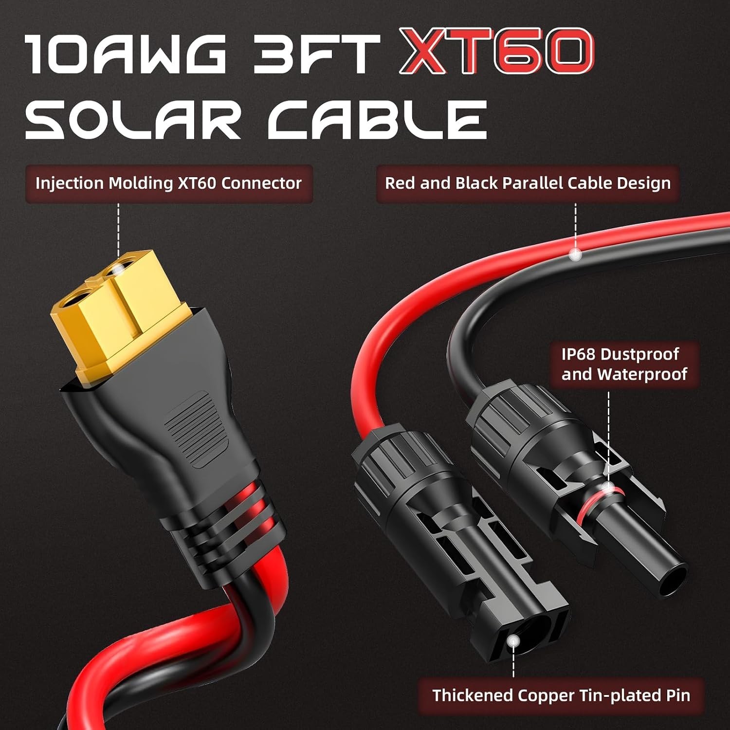 Durable 3FT 10AWG XT60 Solar Panel Extension Cable - Fast Charge & Waterproof