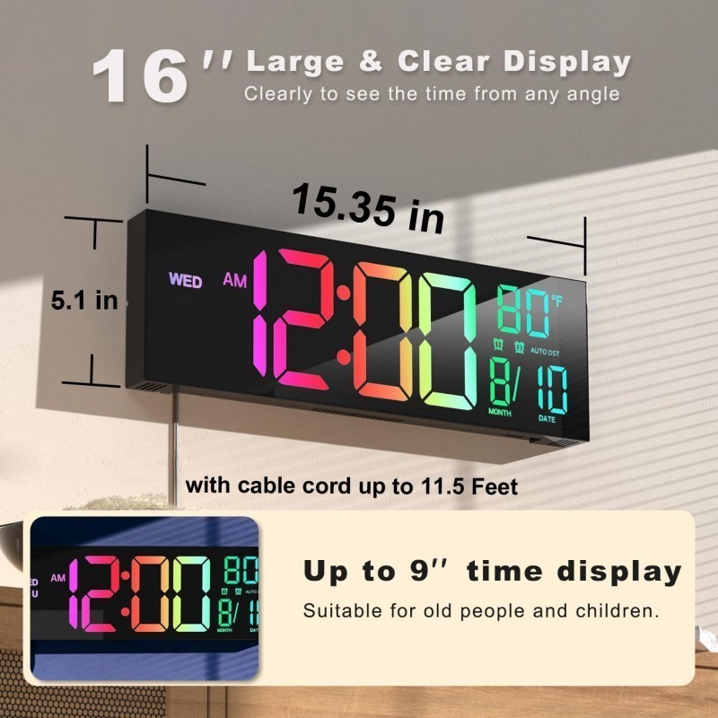 16" Large Digital Wall Clock BT Sync, RGB Lights Remote Control, Big LED Clock