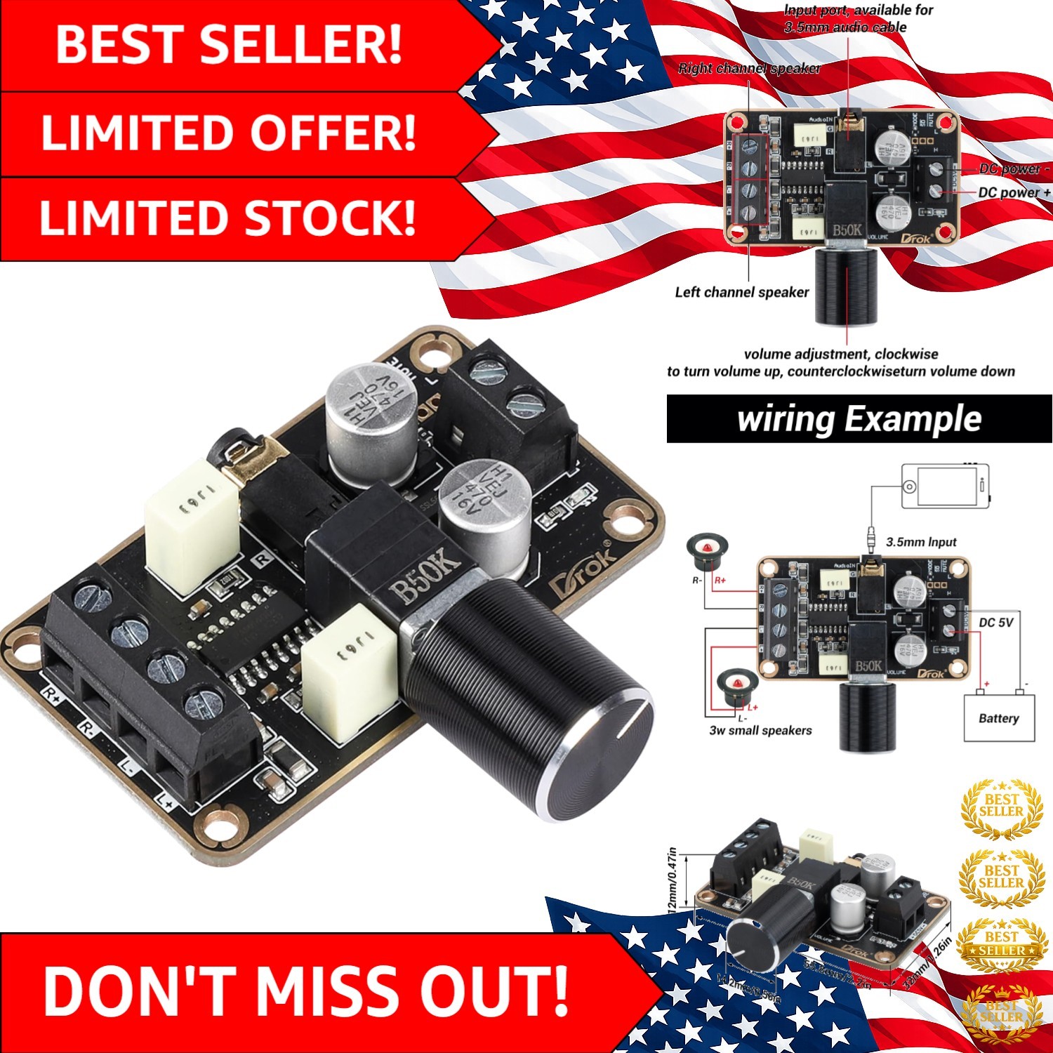 High-Efficiency 5W Dual Channel Mini Amplifier Board - 90%+ Efficiency, DC 5V