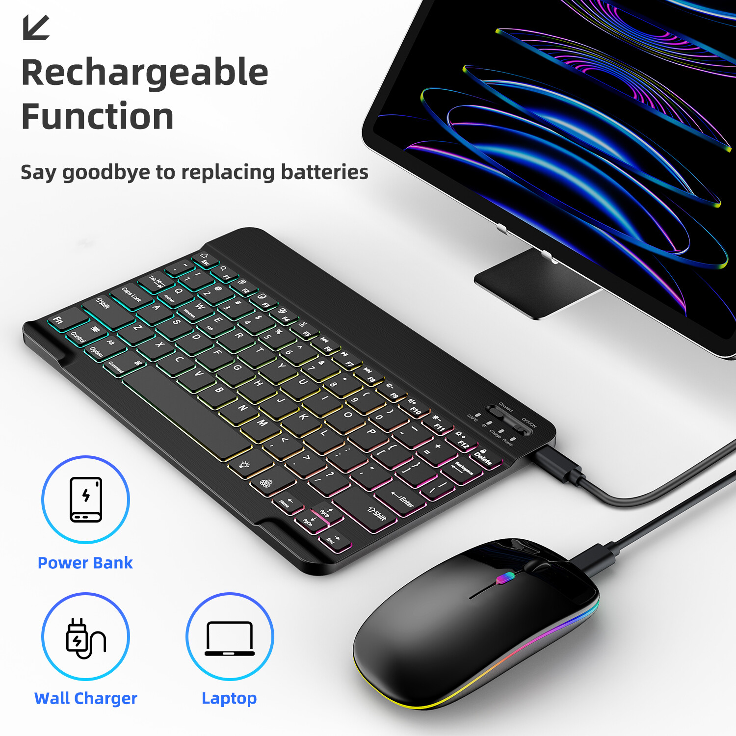 Backlit RGB Wireless Keyboard & Mouse Combo Bluetooth Set for iPad / PC / Laptop