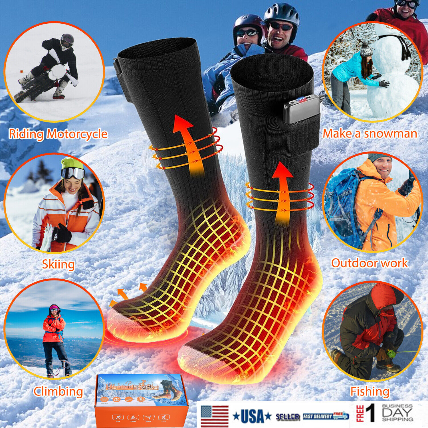 USB Electric Heated Socks Rechargeable Men Women Winter Foot Warmer W/ 2 Battery
