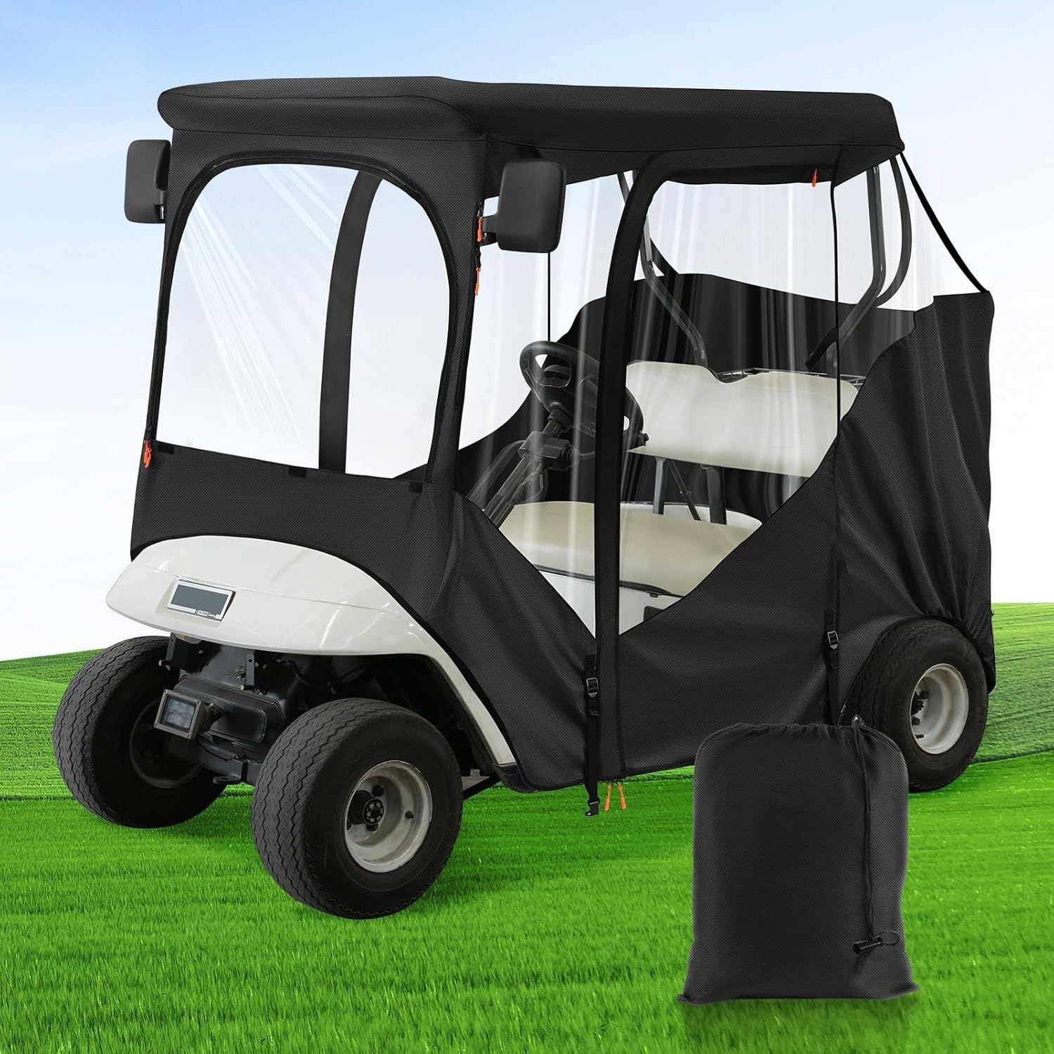 2 Passenger Golf Cart Enclosure Cover for EZGO TXT & RXV, 4-Sided Clear Windows
