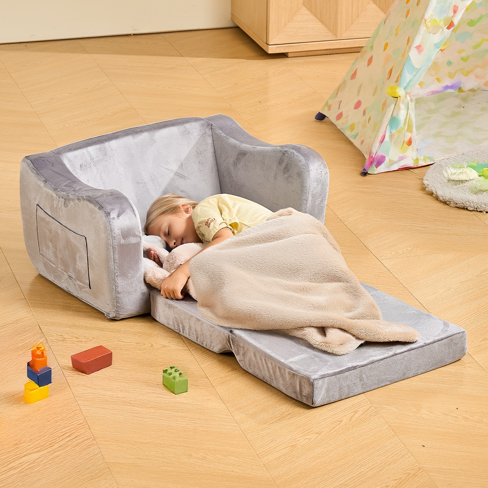 Uimoso 2-in-1 Kids Sofa Convertible Couch with Armrests, Gray Baby Toddler Chair