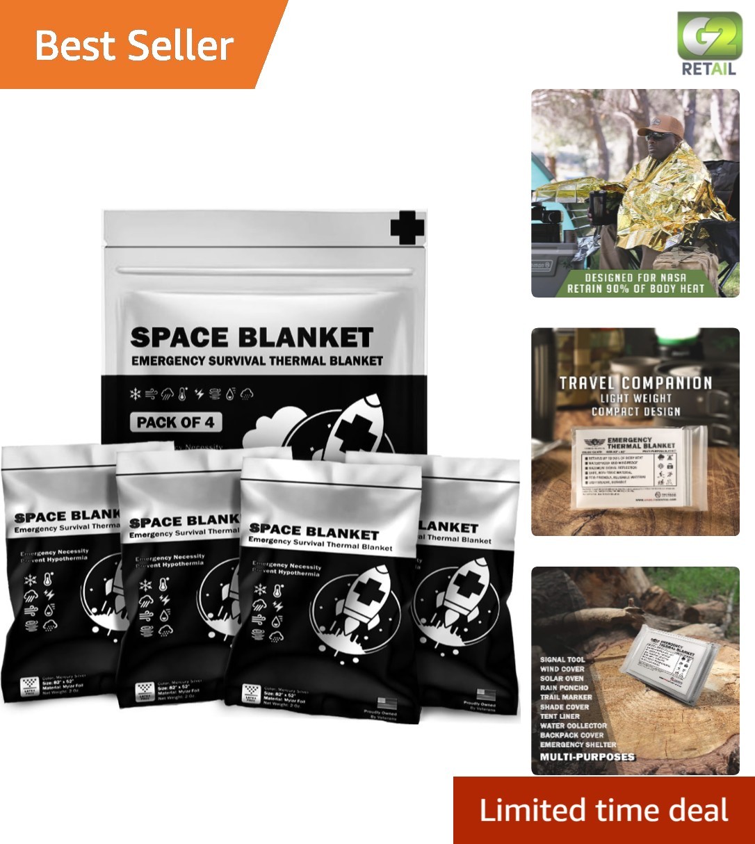4-Pack Mylar Thermal Emergency Blankets - Space Blanket for Survival & Hiking