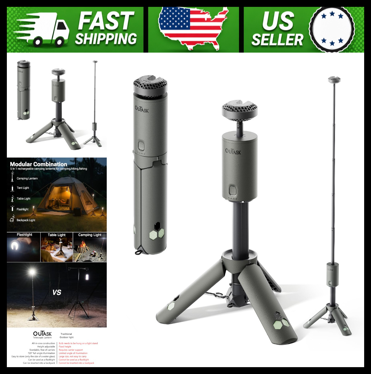 Telescopic Collapsible Magnetic Camping Lantern 12000mAh Waterproof Green