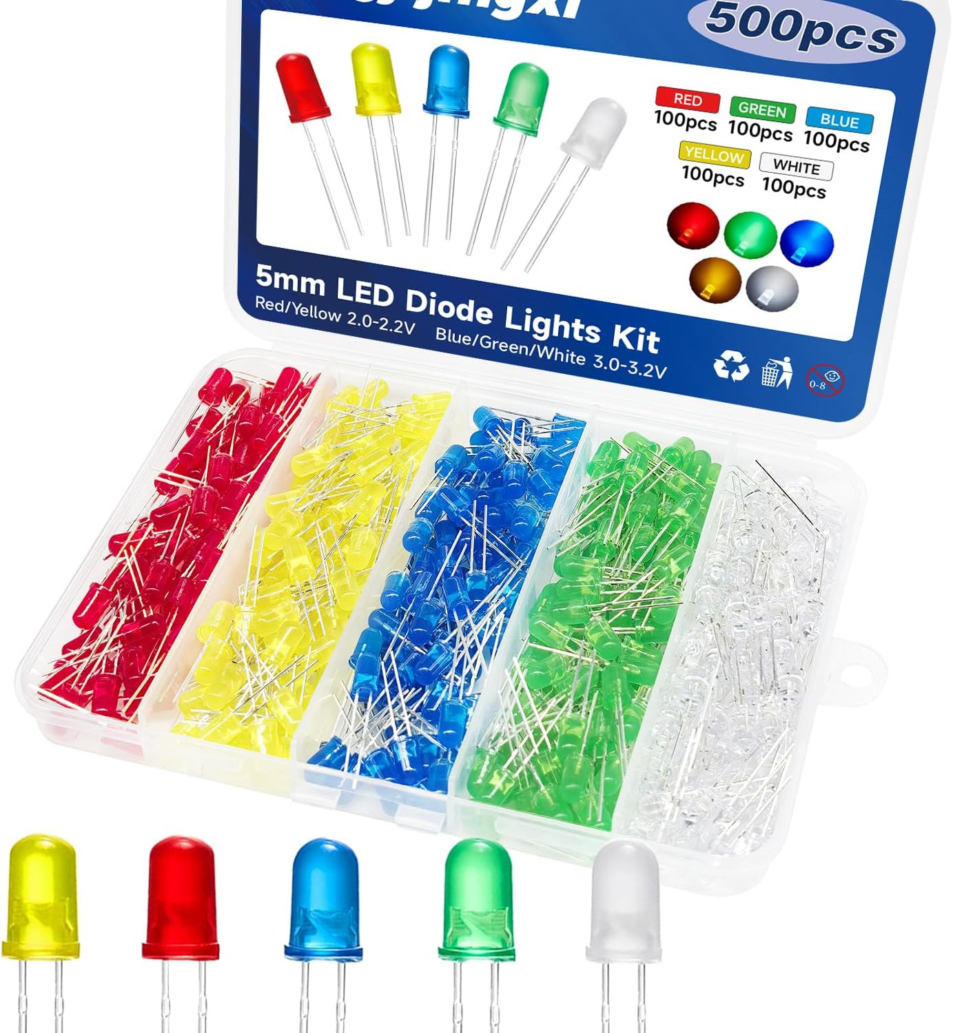 500PCS LED Diode Lights 5Mm Mini LED Circuit Assorted Kit for Science Project Ex