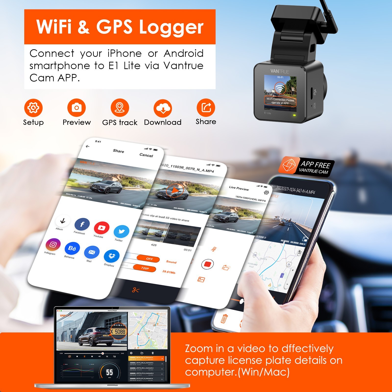 Vantrue E1 Lite Mini Dash Cam WiFi GPS Night Vision With Parking Mode For Car