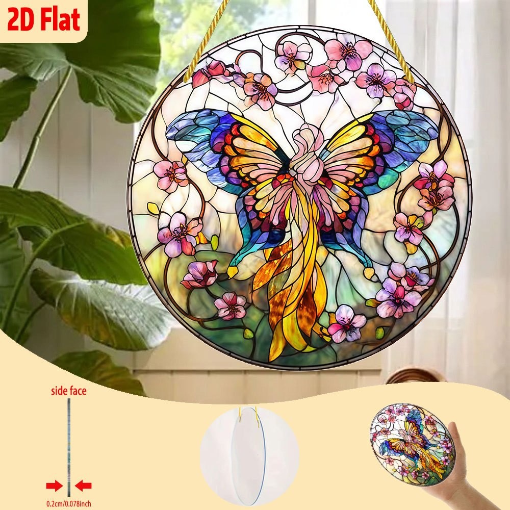 Retro Butterfly Floral Acrylic Suncatcher Round Nature Style Festival Decor Gift