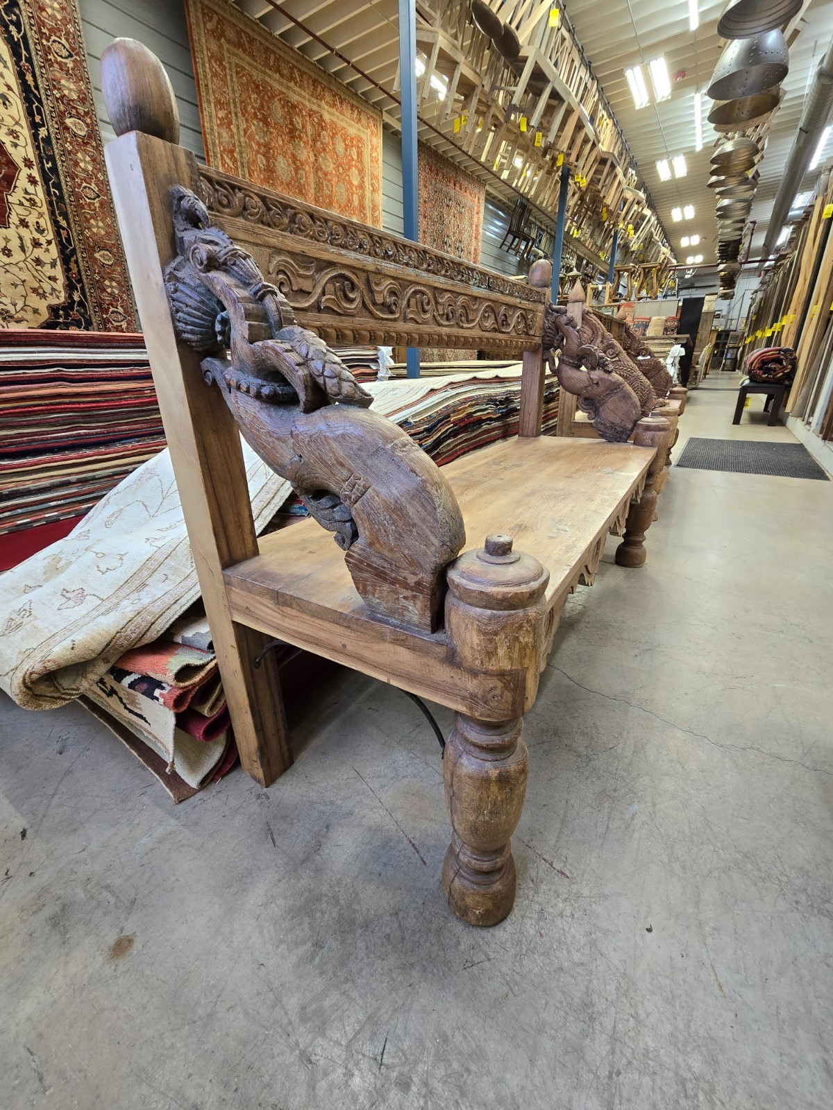 Reclaimed solid wood bench with floral carving design