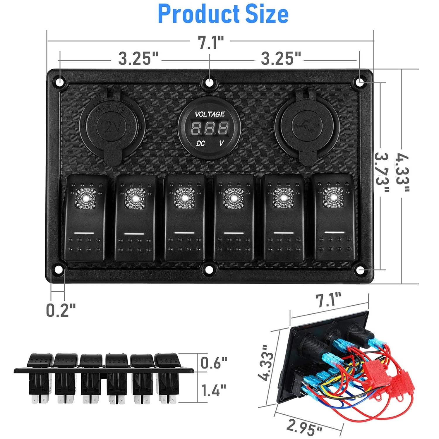 Panel de interruptores 6 vías 12V impermeable con USB y voltímetro