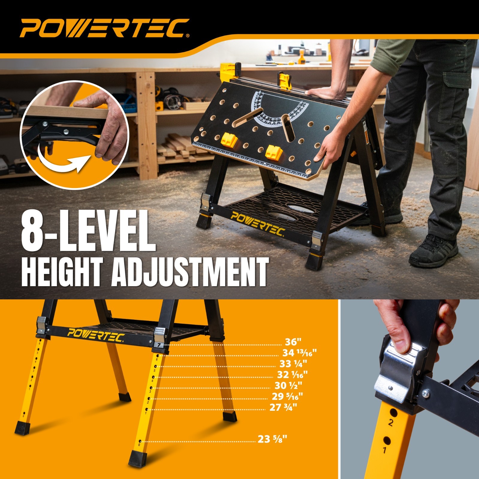 POWERTEC 2-in-1 Folding Work Table & Sawhorse 1000lb Capacity Portable Workbench