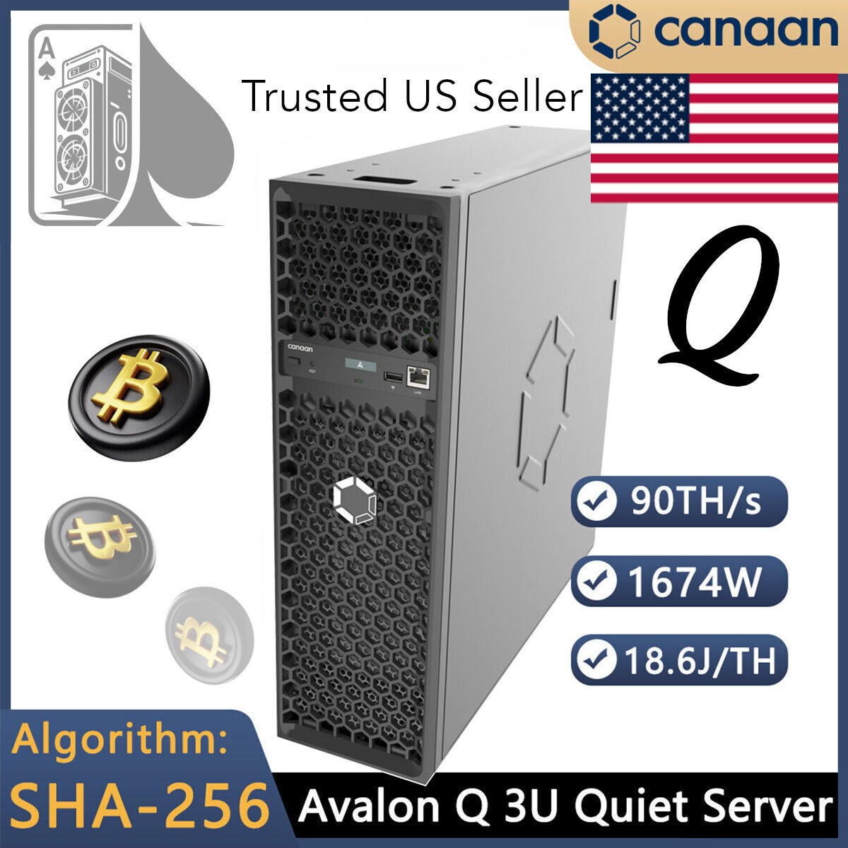 US Stock Canaan Avalon Q 90TH/S 800W - 1674W ECO Home Quite Miner For Home! NEW