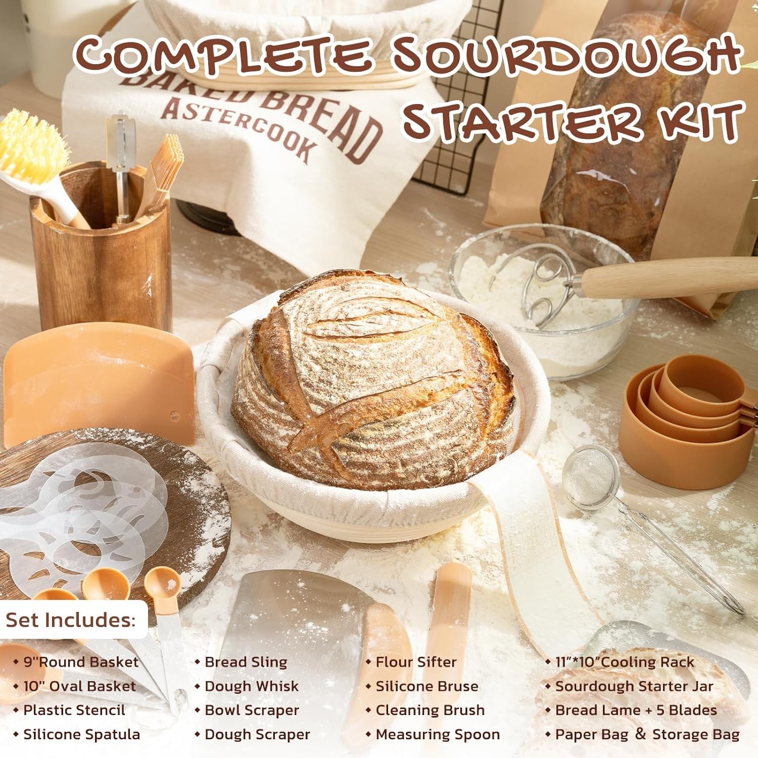 Sourdough Baking Kit with Banneton Baskets, Tools, and Stencils for Beginners