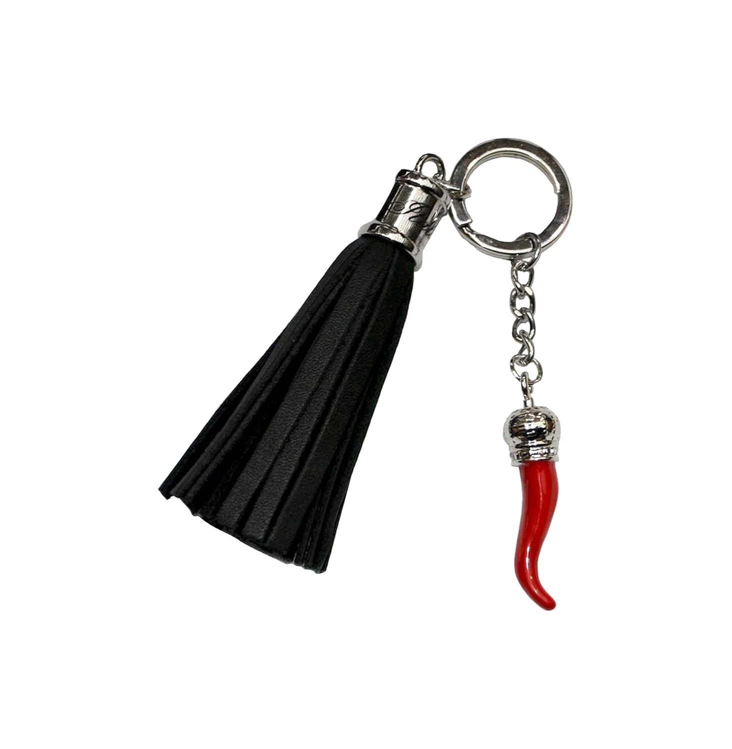 P.S. I Love Italy Italian Horn Keychain with Leather Tassel and Italia engraving