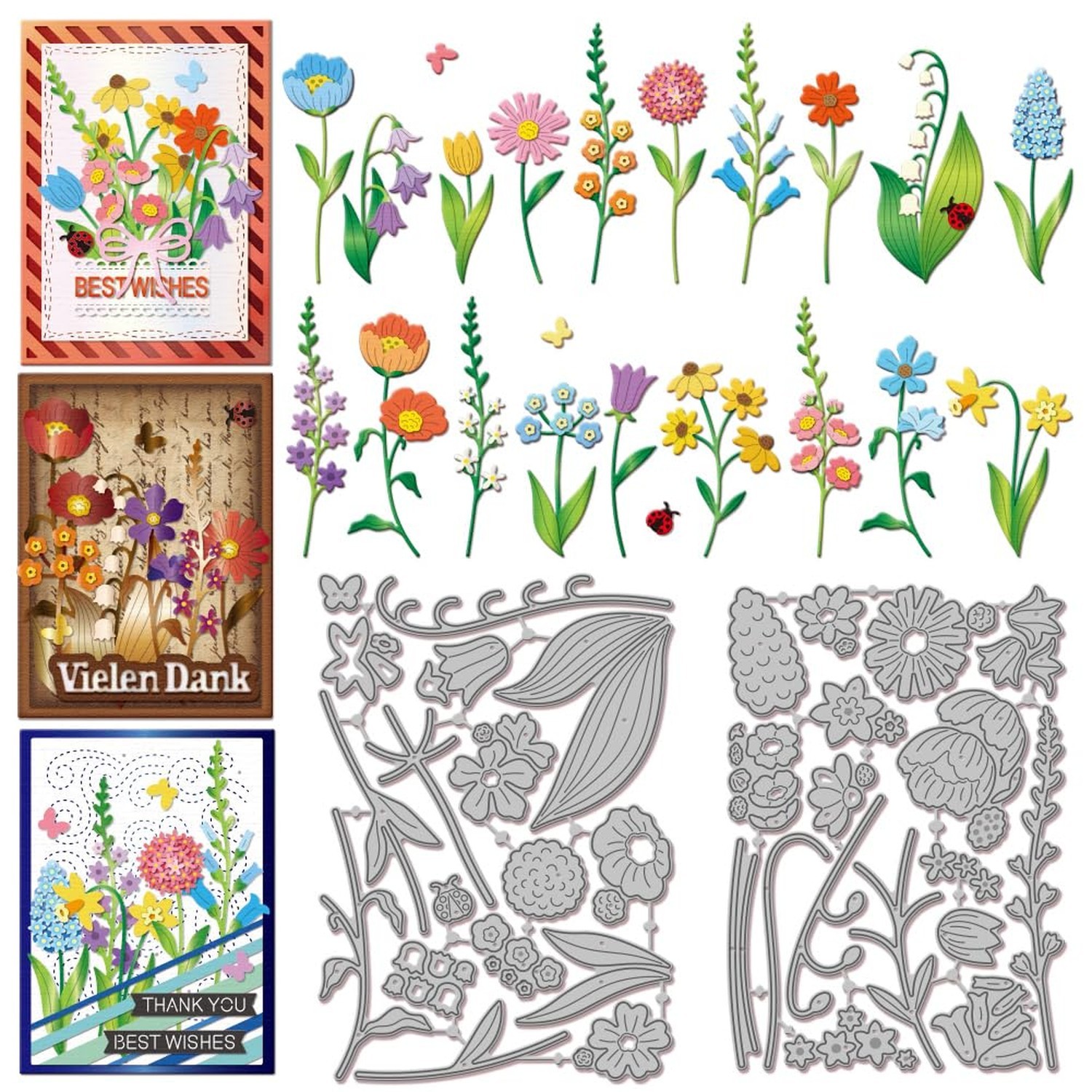 GLOBLELAND Wildflowers Cutting Dies for Card Making Spring Flowers Plants Lea...