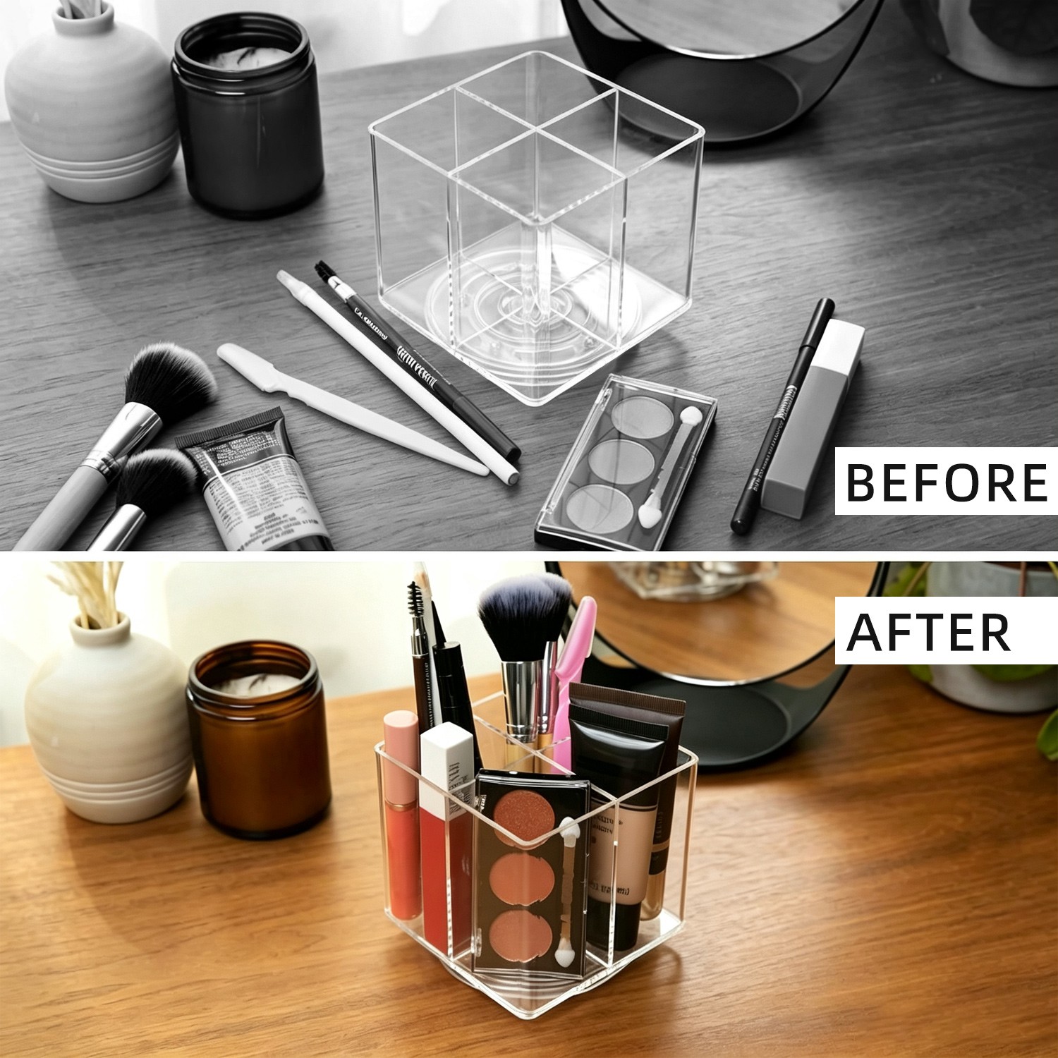 360° Rotating Clear Acrylic 4-Compartment Organizer for Cosmetics & Brushes