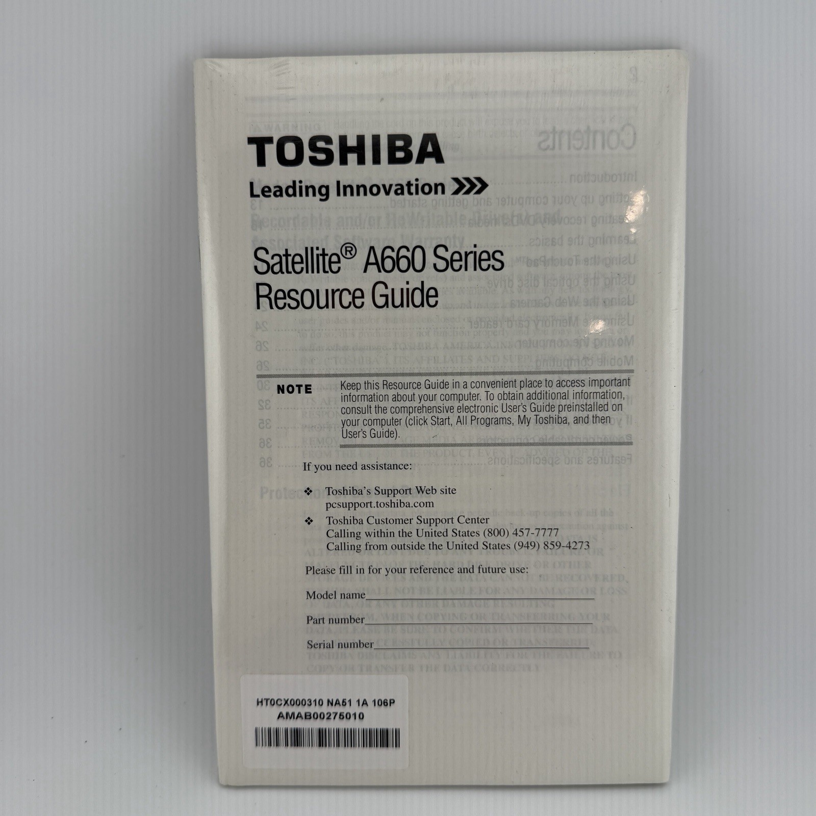 New Sealed Toshiba Satellite A660 Series Resource Guide Sealed