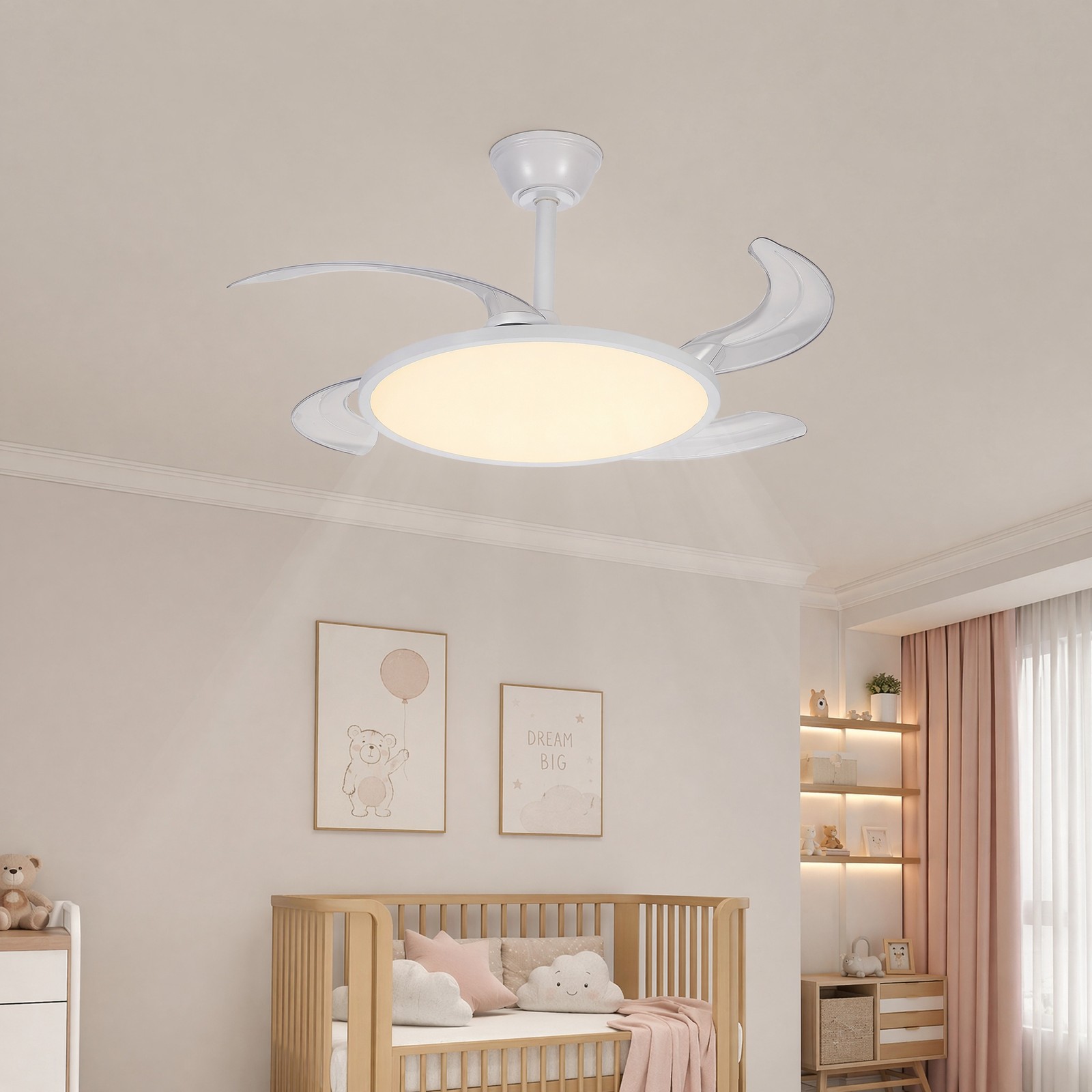 42 inch White Low Profile Retractable LED Ceiling Fan Remote Control with Light