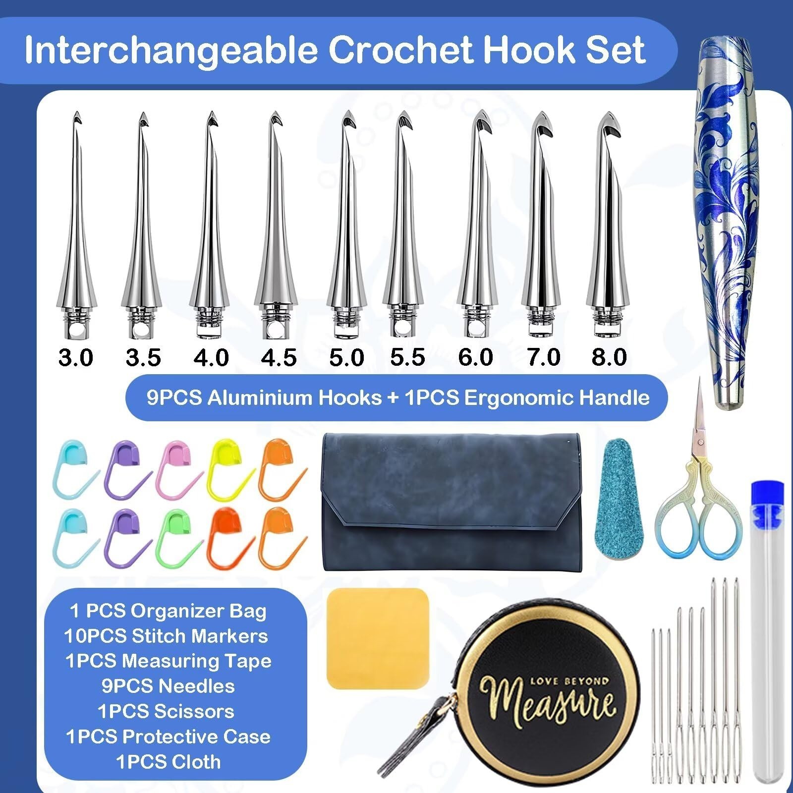 34 in 1 Interchangeable Crochet Hook Set - 3mm-8mm Ergonomic Crochet Hooks Se...