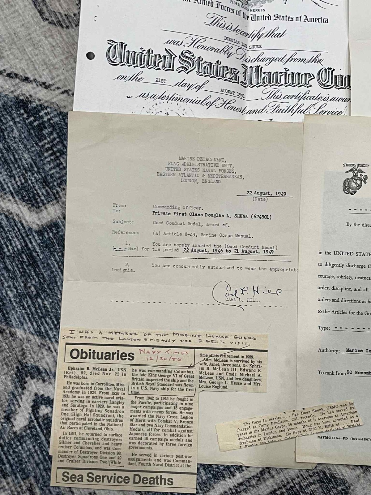 DOCUMENT GROUPING WW2 WWII to Korea USMC US Marine Corps DE Shunk - 3rd Brigade