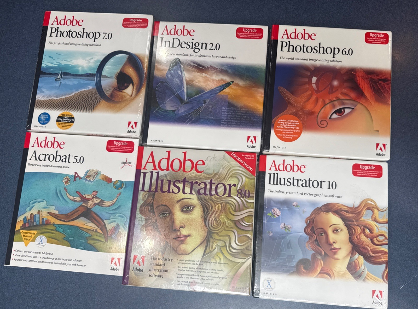 Lot x6: Adobe New Sealed Photoshop Illustrator Acrobat Ver 5 6 7 8 10 Mac