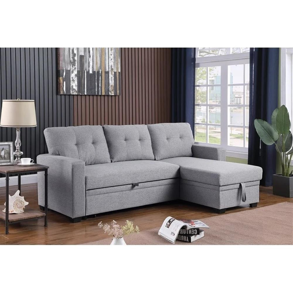 Maklaine Polyester Fabric Reversible Sleeper Sectional Sofa - Light Gray