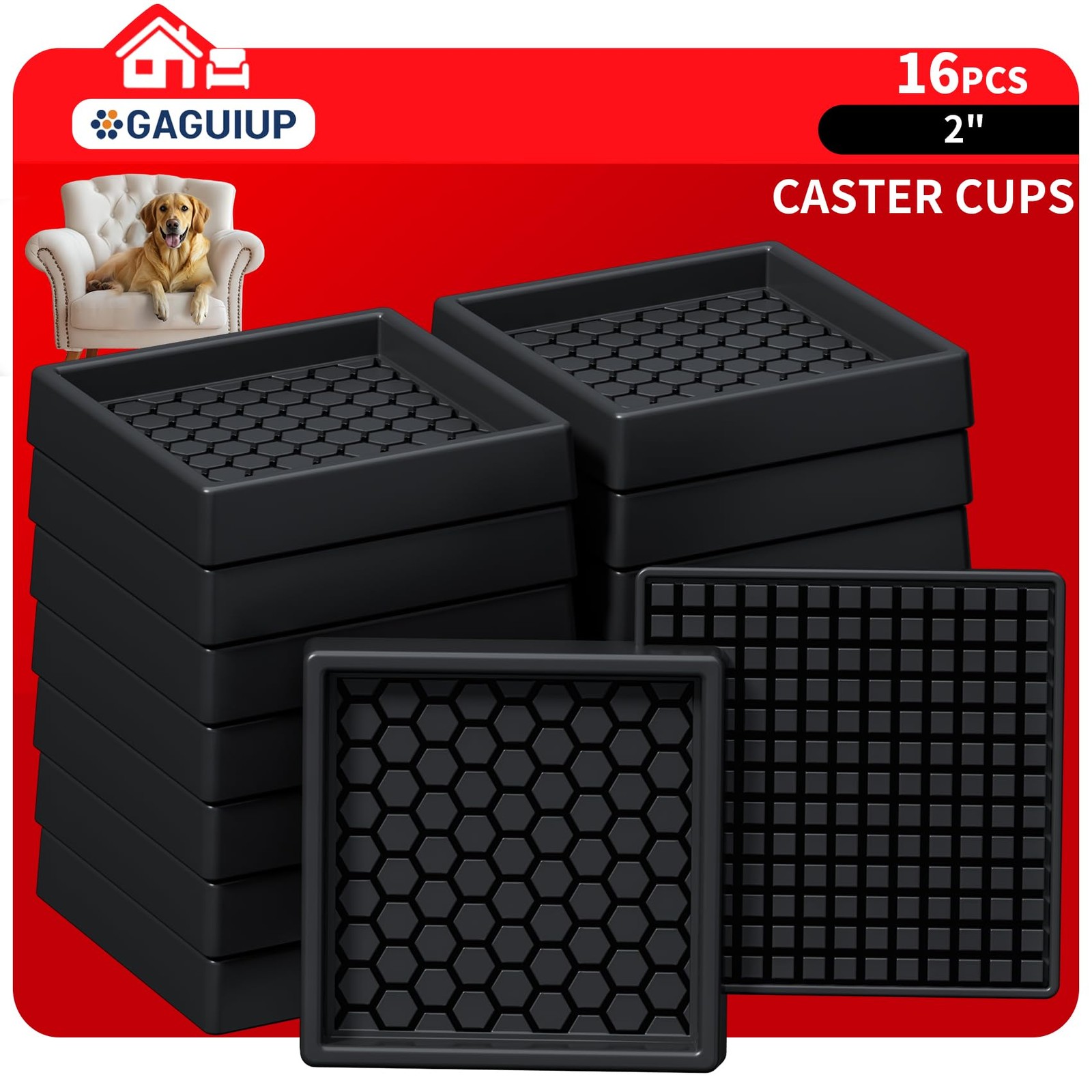 Non Slip Furniture Pads - 2x2 Anti Skid Caster Cups, 16PCS Square Furniture C...