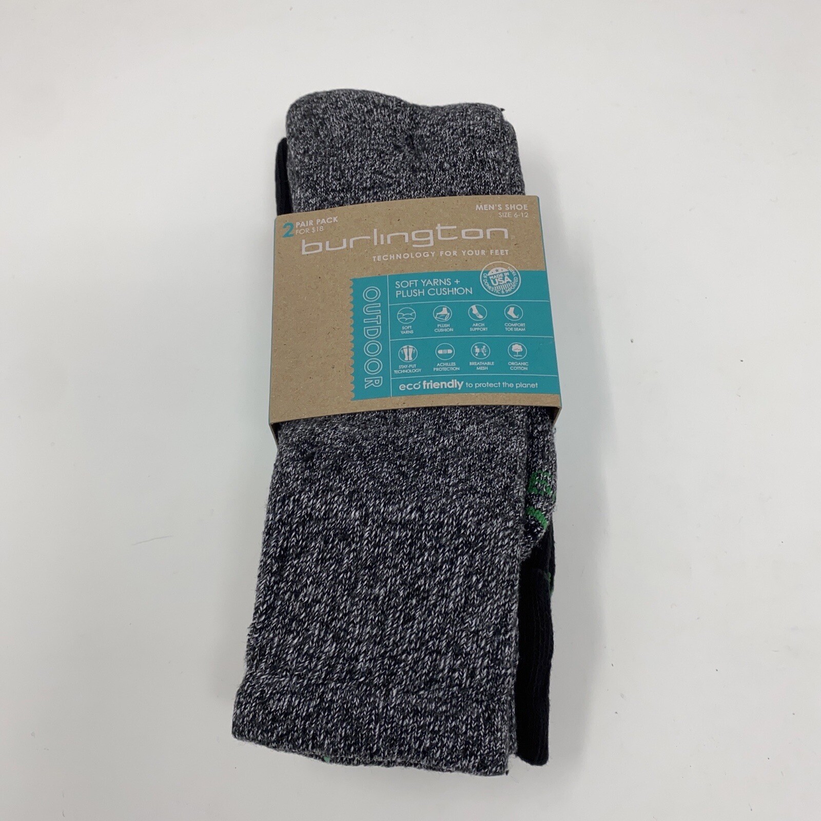 Burlington Men's Shoe Size 6-12 Black Marl Outdoor Crew Socks - 2 Pack NWT