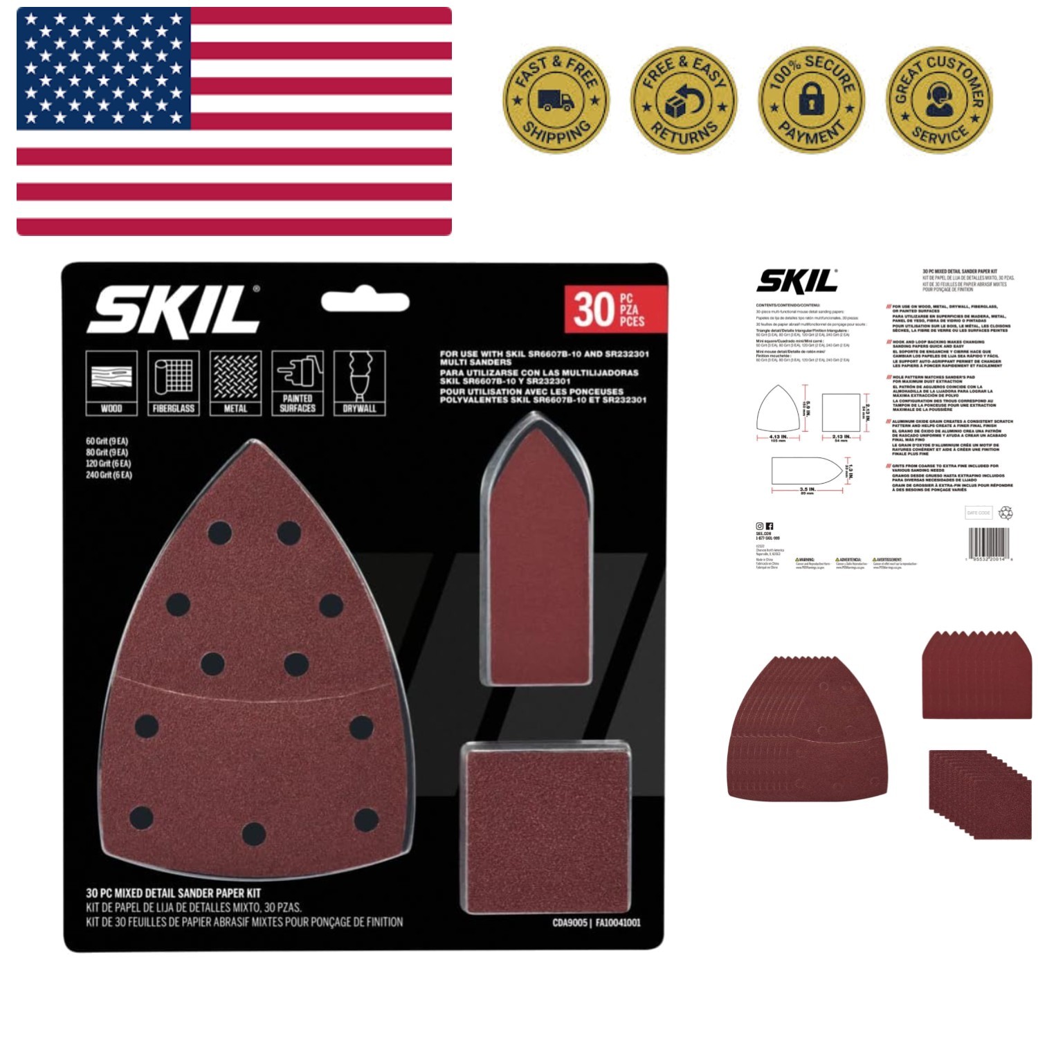 30-Piece Mixed 60/80/120/240 Grits Detailed Sand Paper Kit for Sanders SR2323...