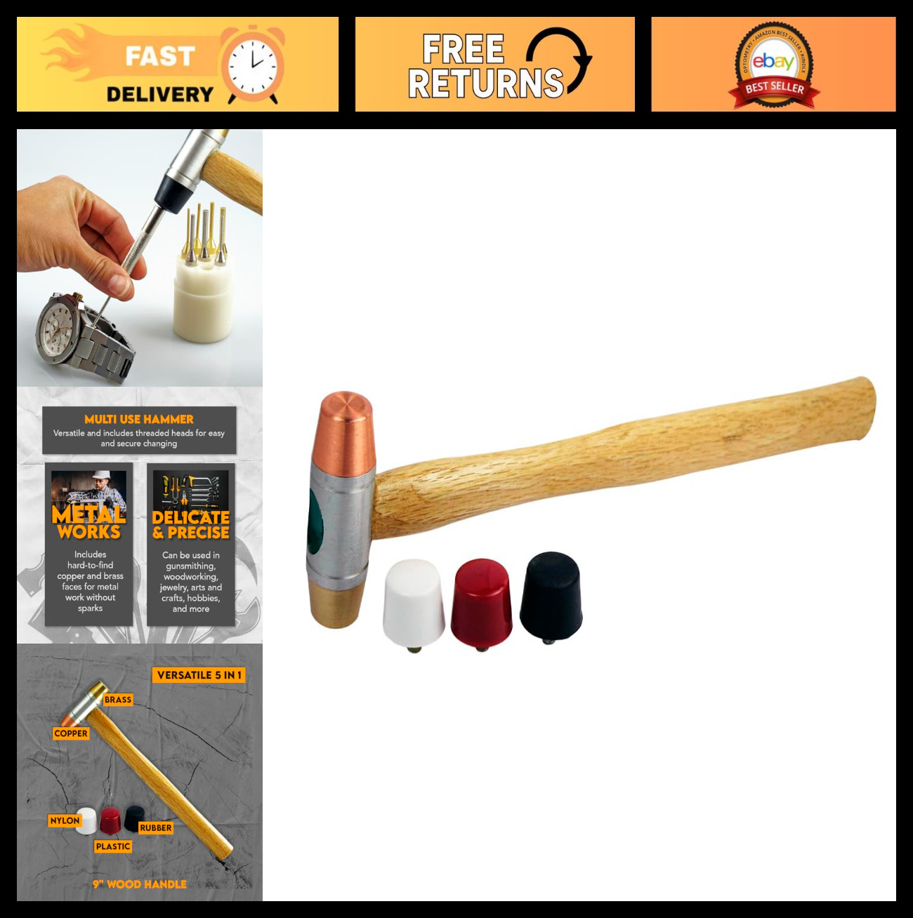 5-in-1 Dual Interchangeable Hammer - Copper & Brass Faces - 9" Gunsmithing Tool